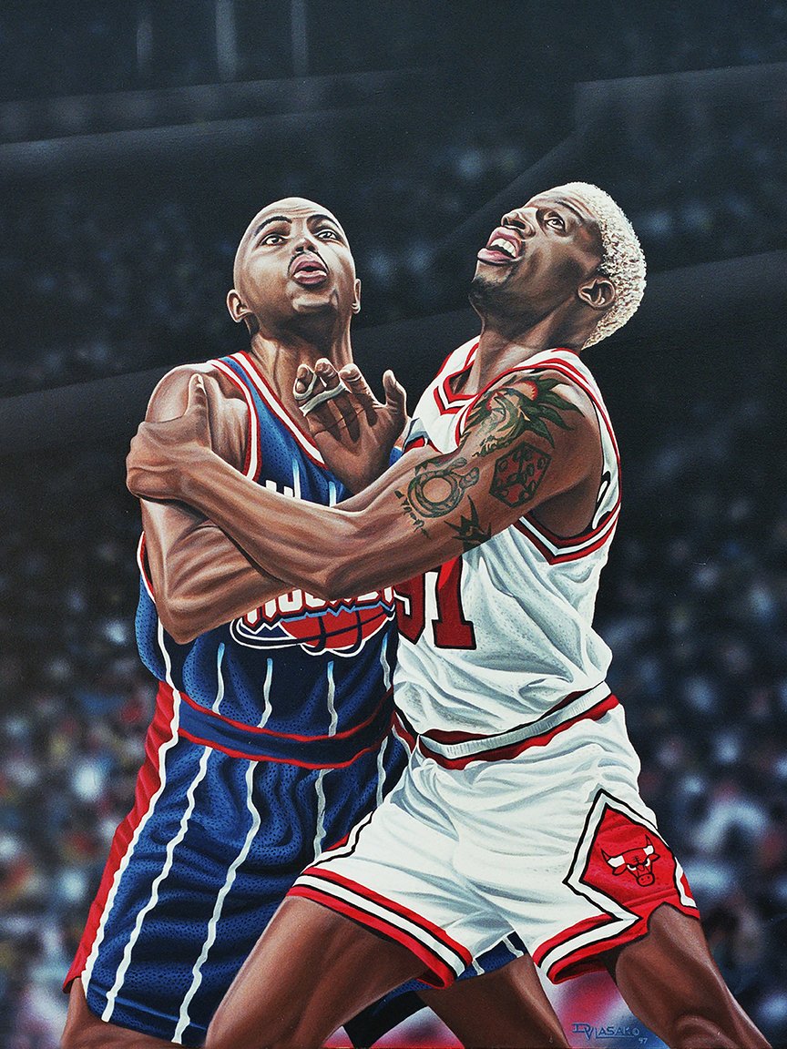 CANVAS Dennis Rodman e Charles Barkley Battle for a Rebound de