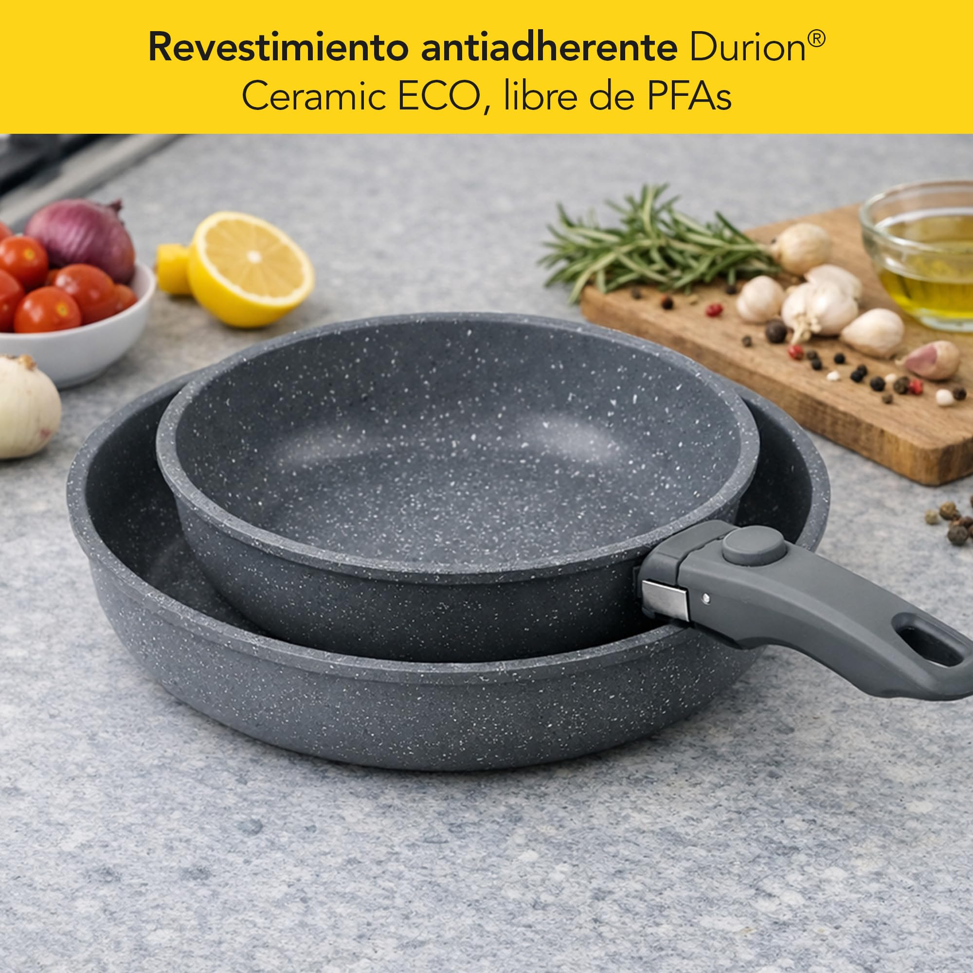 CASTEY - Easy Pan Duo, Set de Sartenes con Mango Desmontable, Aluminio, Doble Recubrimiento Antiadherente, Apto para Horno y Todas las Cocinas, Fácil Limpieza, Gris