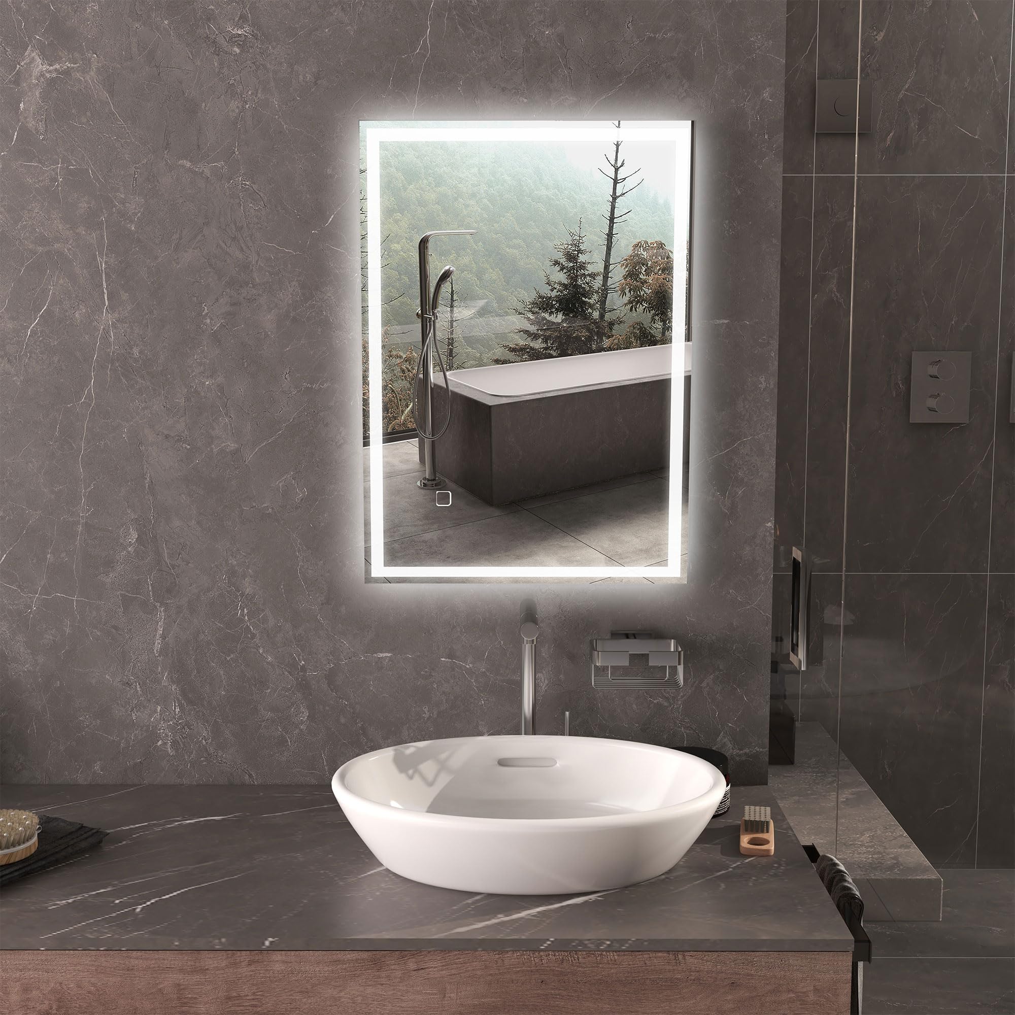 HOMCOM Specchio da bagno con illuminazione, 70 x 50 cm, con funzione di memoria, specchio da parete con interruttore touch, specchio luminoso senza appannamento con 3 colori di luce bianco