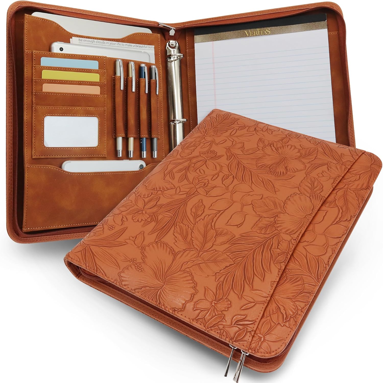 Brown Embossed Faux Leather Zippered Padfolio with 3 Ring Binder, Executive Organizer Binder for Women, Fits 13.9" Laptop/Tablet, Refillable Writing Pad Zipper Portfolio(13.7"x11"x1.57") Brown