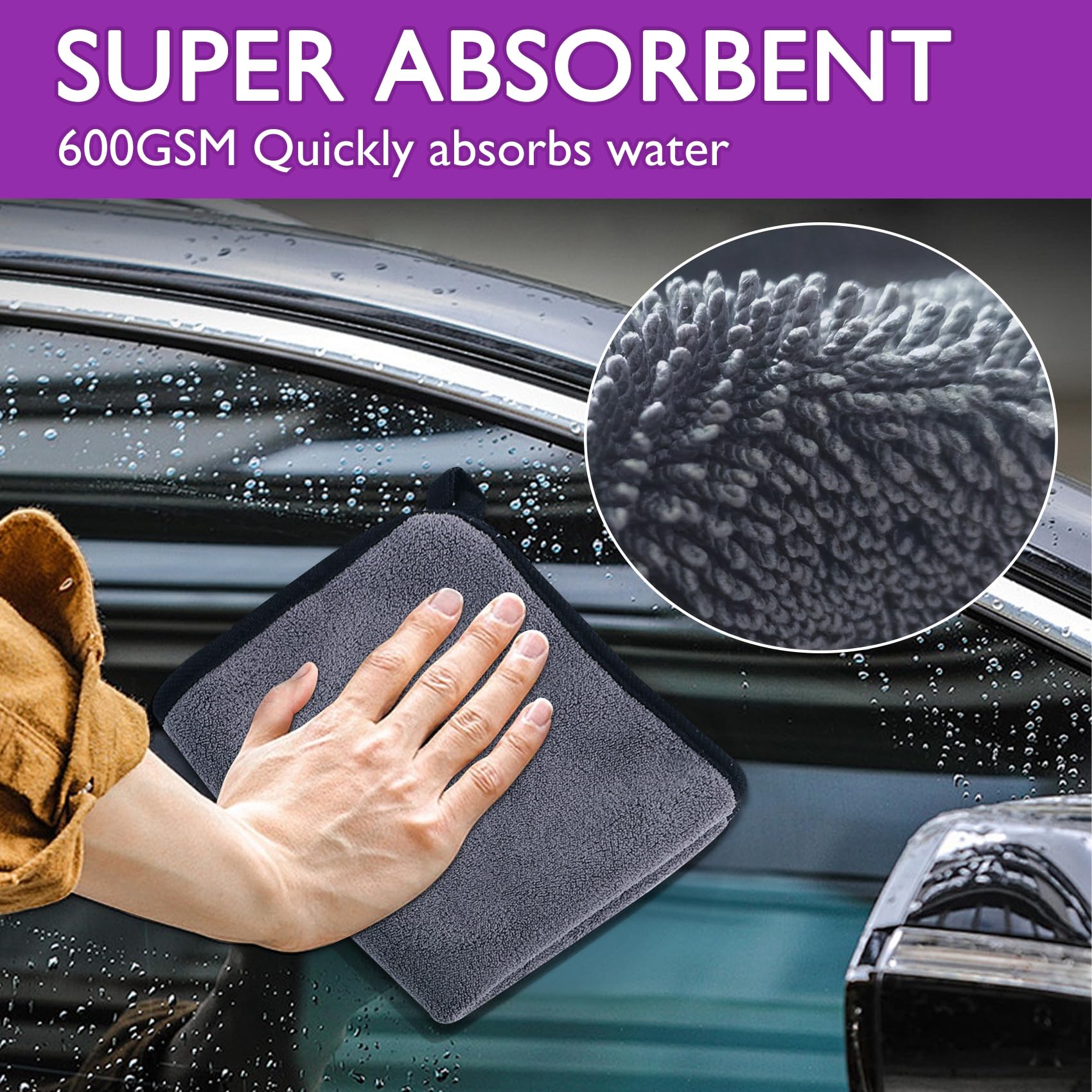 KALBIGRO Kit Pulizia Auto con 3 Pezzi Panno Microfibra Auto e 2 Pezzi Guanto Lavaggio Auto, 600 GSM Panno in Microfibra per Auto Super Assorbenti, Senza Graffi per Cura Auto Moto (40 x 30 cm) - 5