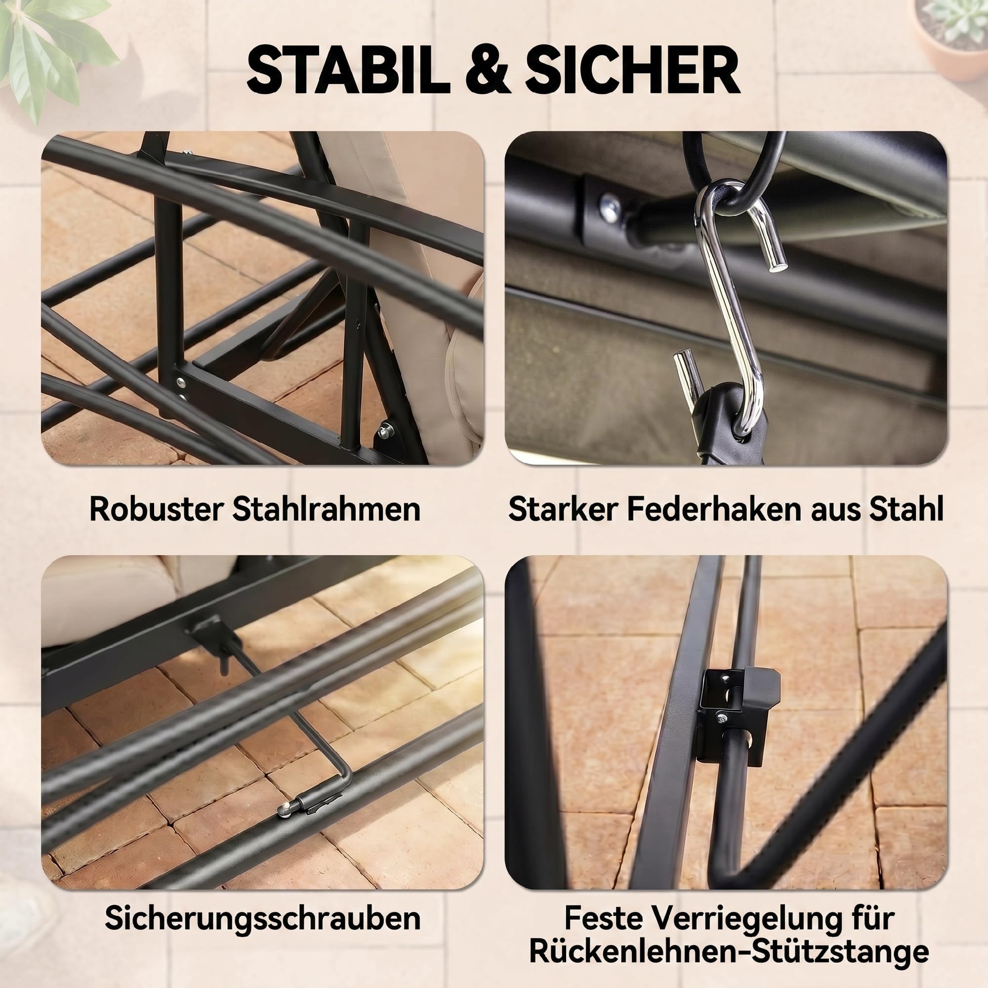 Outsunny Hollywoodschaukel Gartenschaukel Schaukel mit Seitenwänden 3-Sitzer Beige 256 x 172 x 248 cm