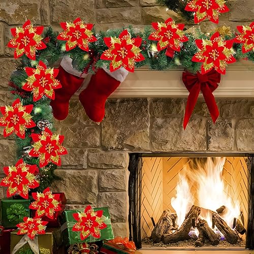 Miniatura 4 de 16 decoraciones artificiales de flor de pascua con purpurina de oro rojo  adornos de Navidad de flor de pascua roja y decoración de árbol para