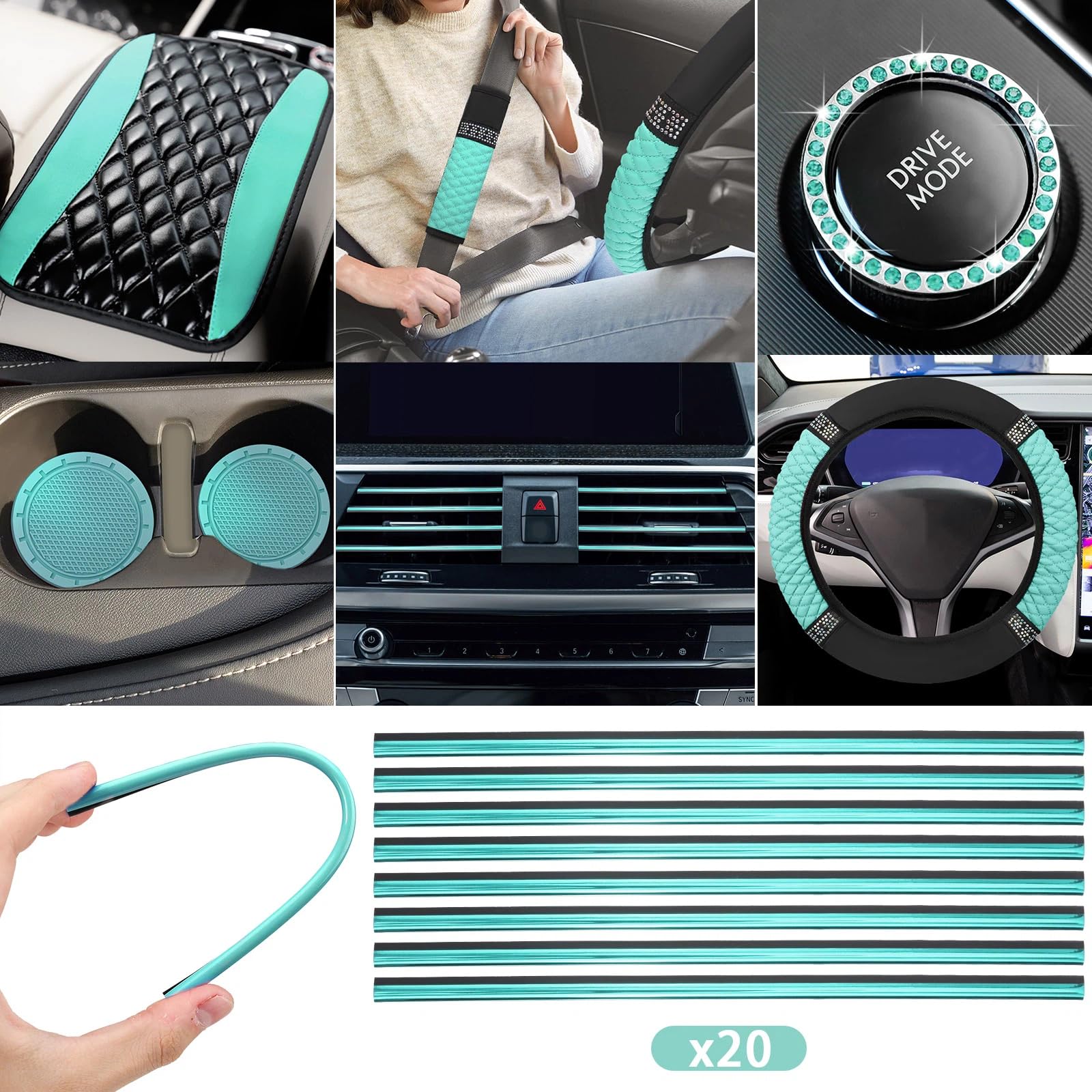 BBTO 43 Pcs Bling Car Accessories Set for Women Front Seats and Rear Bench Polyester Car Seat Protectors — view 3