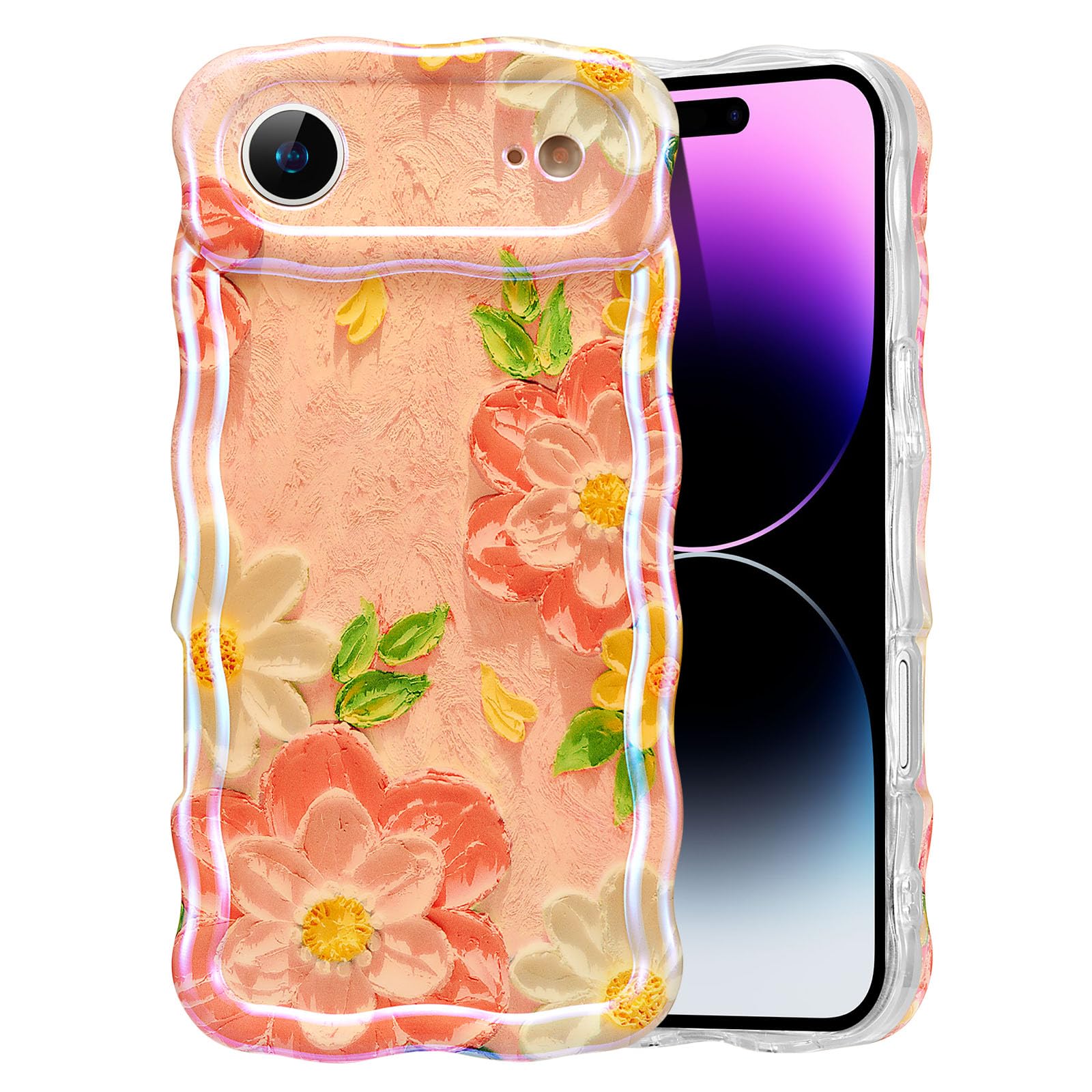 EYZUTAK Case for iPhone 15, Colorful Retro Oil Painting Flower Laser Beam Glossy Pattern Cute Curly Waves Border Exquisite Phone Cover Stylish Durable Soft TPU Protective Case for Girls Women - Green — view 103