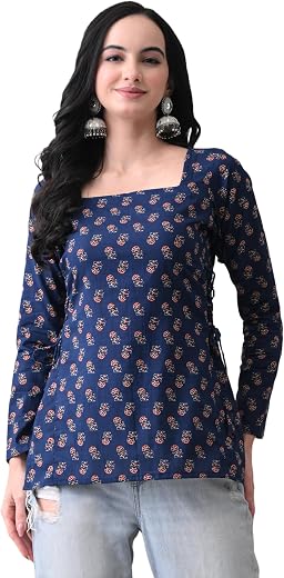 MEERA FAB Women's Floral Printed Cotton Short Kurta Square Neck | Floral Printed Kurta with Full Sleeves | Short Kurti for...
