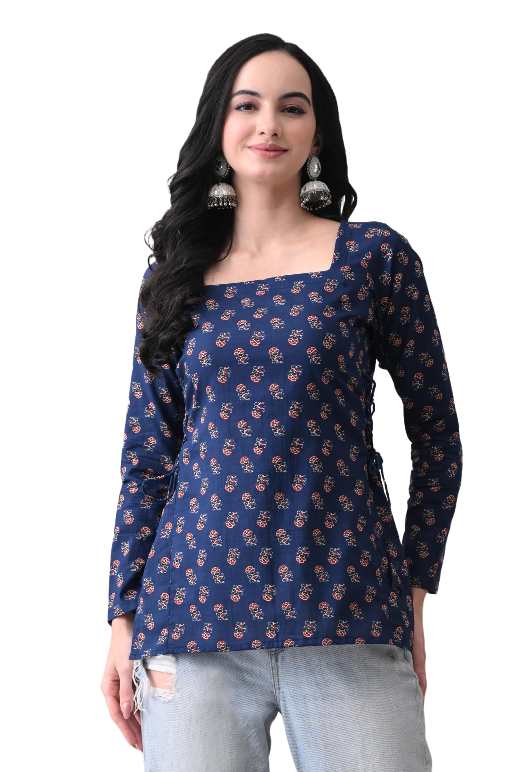 meera fab Women's Floral Printed Cotton Short Kurta Square Neck | Floral Printed Kurta with Full Sleeves | Short Kurti for Women-picture-35