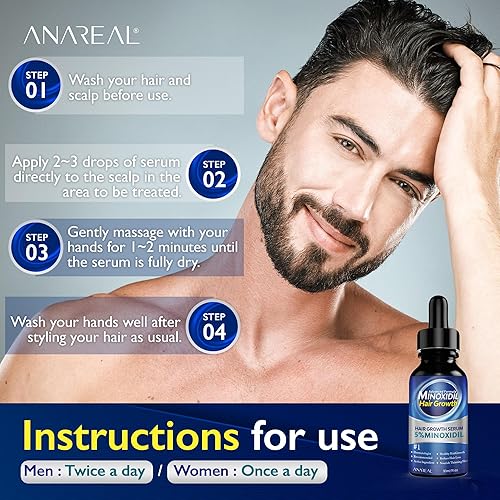 Miniatura 5 de ANAREAL Minoxidil para hombres y mujeres, 5% de mininoxidil para hombres para crecimiento de barba enriquecido con biotina, minoxidil para el