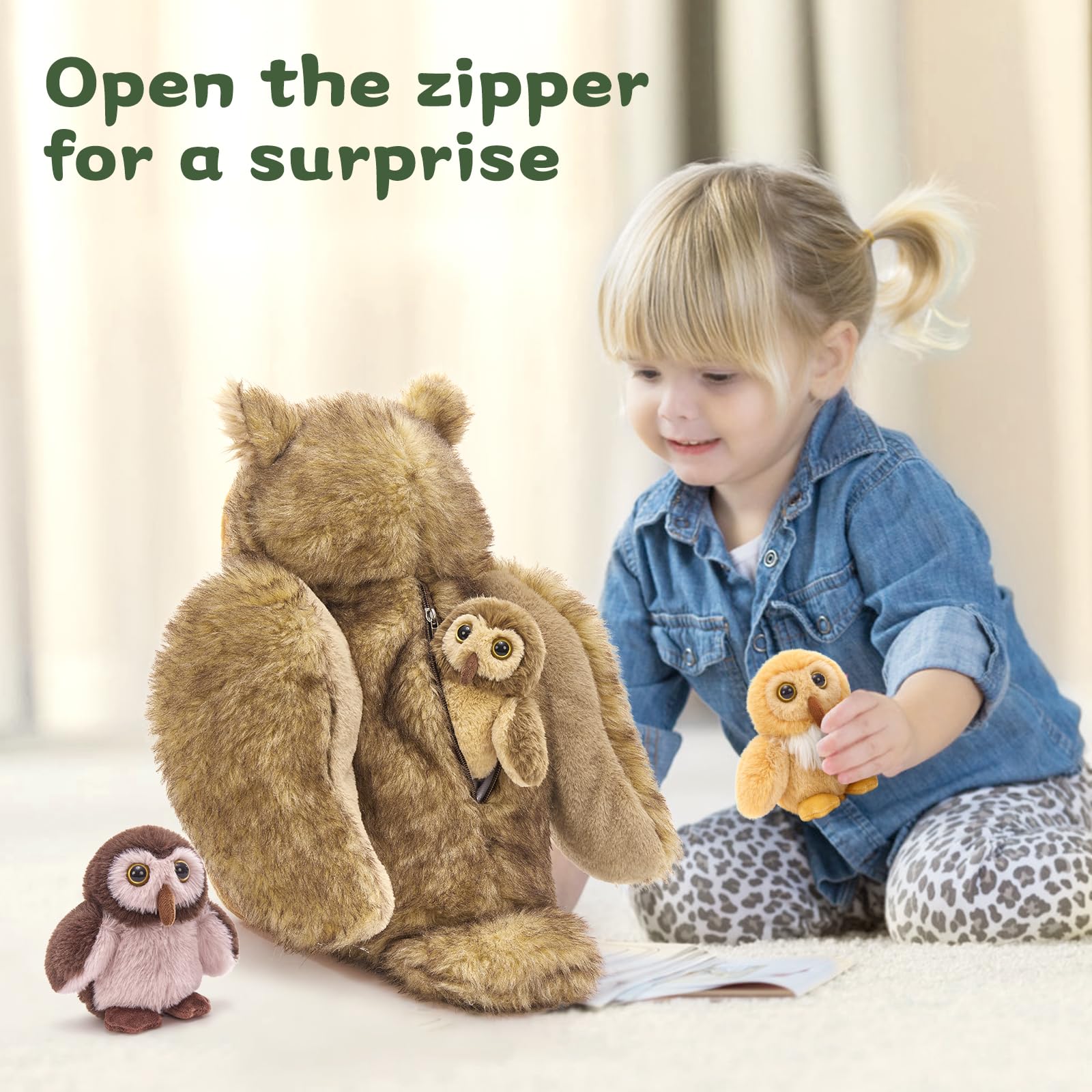 KERTA 4-in-1 Owl Stuffed Animals Set, 20 Inch Large Mommy Stuffed Owl Plush with 3 Babies Toy, Soft Owl Plush Pillow for Girls Boys Birthday Christmas Decor 5