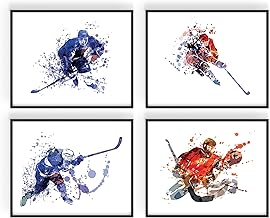 Hockey Wall Art Prints - Set of 4 (8x10) Unframed Hockey Posters - Hockey Room Decor For Men Kids Teenagers - Hockey Poster Set For Bedroom Man Cave - Ice Hockey Wall Decor - Hockey Posters for Wall, Hockey Watercolor
