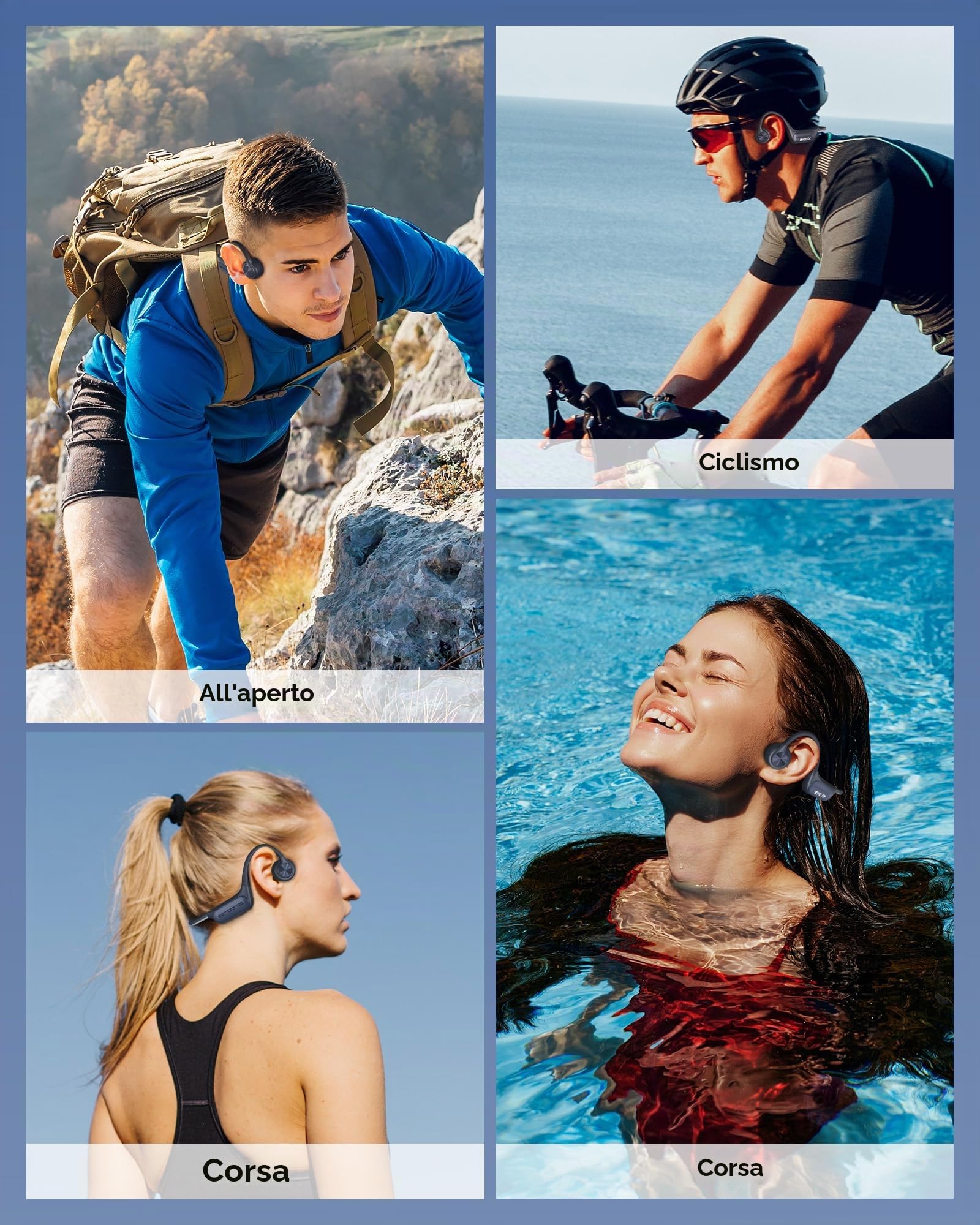 Voistek Cuffie Bluetooth 6.0, impermeabili, IP68, con lettore MP3 da 32 GB di memoria, senza fili subacquei, design aperto per nuoto, corsa, bicicletta e surf (blue)