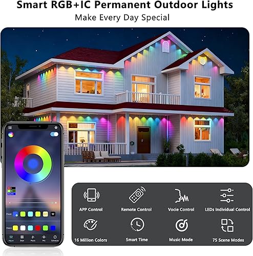 Miniatura 3 de Luces permanentes para exteriores de 100 pies, luces inteligentes RGB+IC, 60 LED brillantes con 75 modos de escena DIY y 16 millones de colores,
