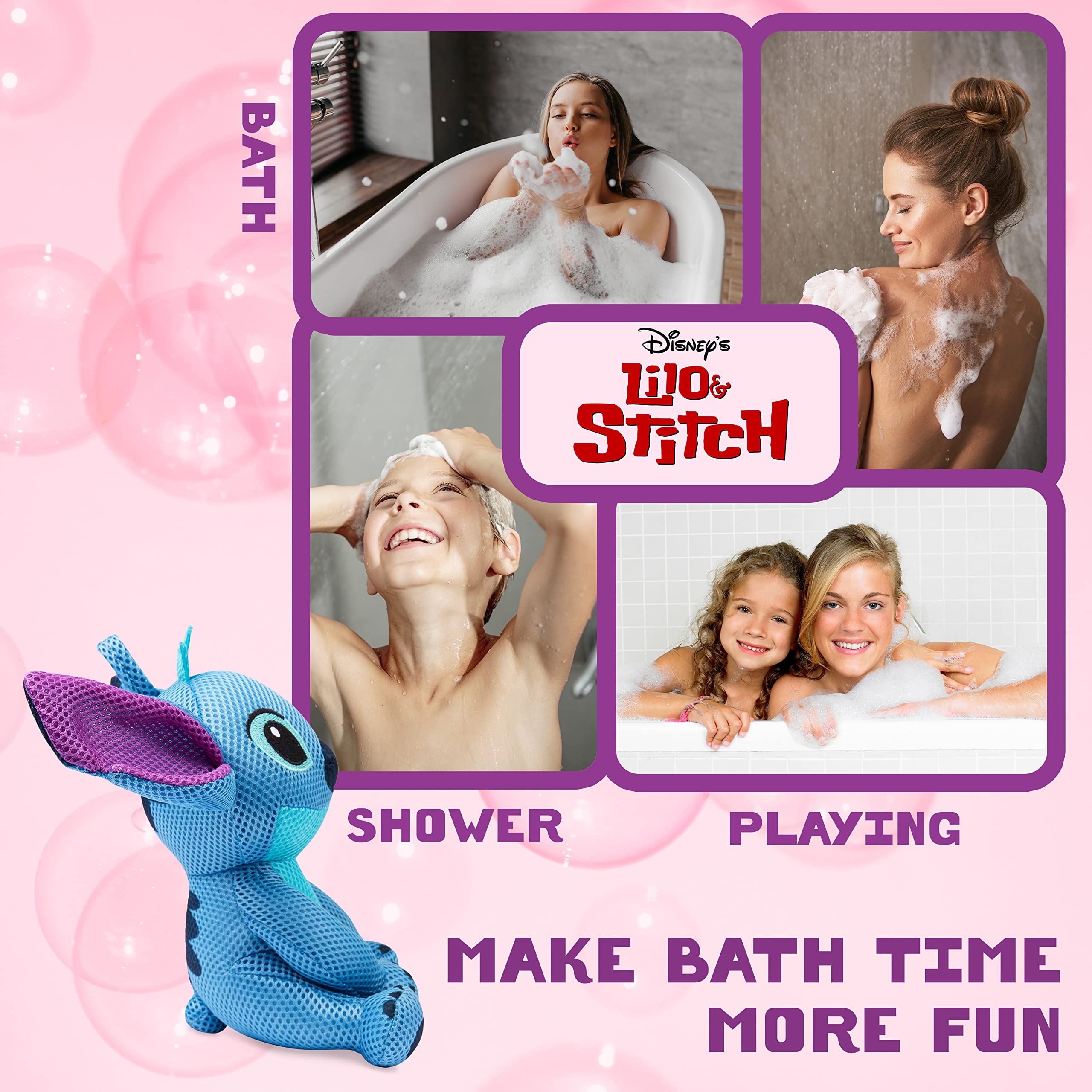 Disney Stitch Loofah Gąbka dla dzieci Gąbka do kąpieli Siatka Lilo i Stitch Plushie Zabawa Zabawa w wodzie Zabawka do kąpieli Siatkowy peeling do ciała dla dzieci Stitch Prezenty, Niebieski