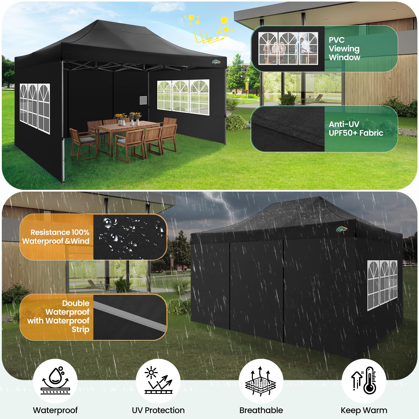 COBIZI Pavillon 3x4,5 Wasserdicht Stabil Winterfest mit Seitenwänden | Pop Up Faltpavillon, Gartenpavillon mit Tragetasche, Partyzelt für Outdoor, Verstärkter Rahmen, Einfache Montage, Schwarz