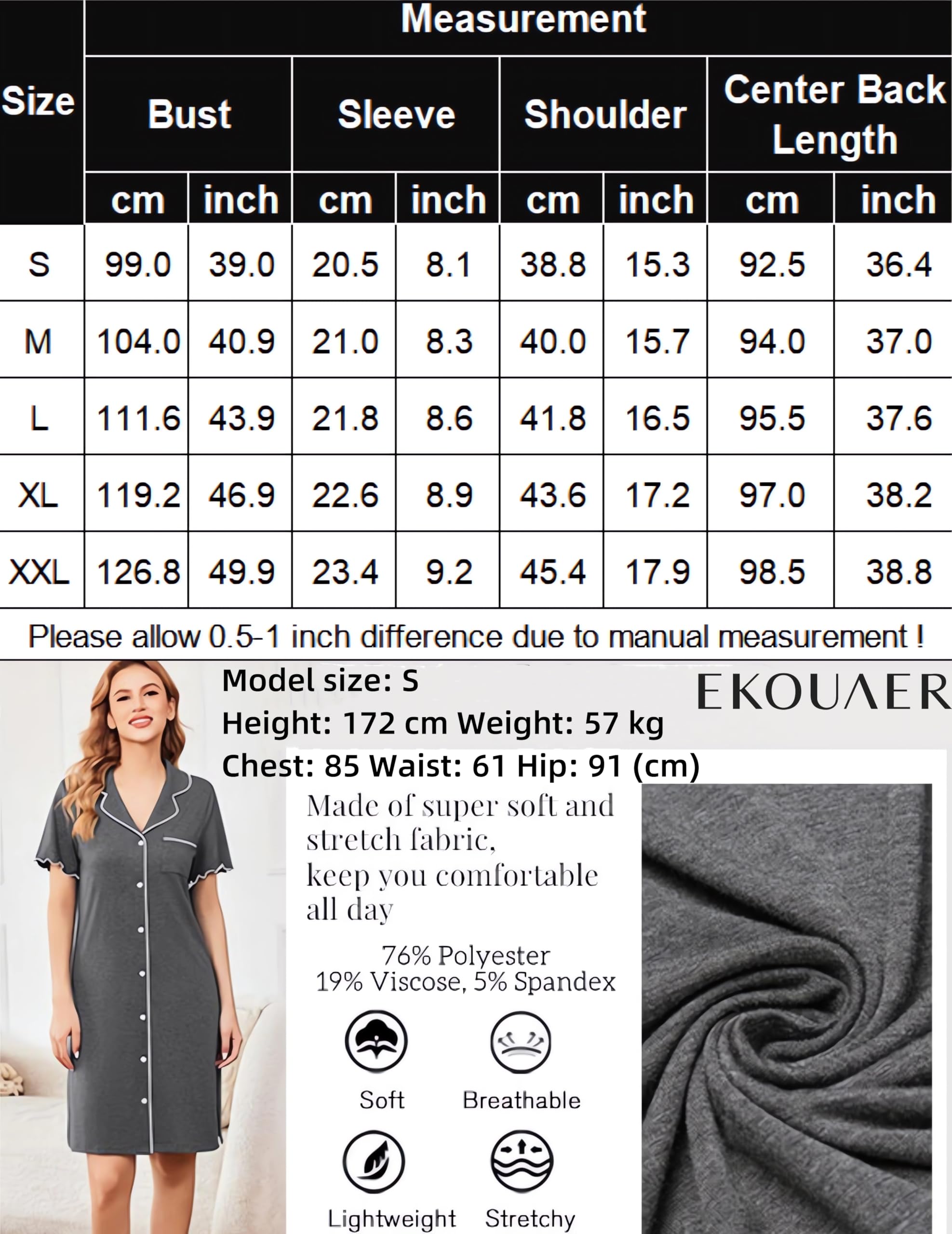 Ekouaer Koszule nocne dla kobiet guziki koszule nocne i koszule nocne klapa styl chłopaka super miękka lekka bielizna nocna S-XXL