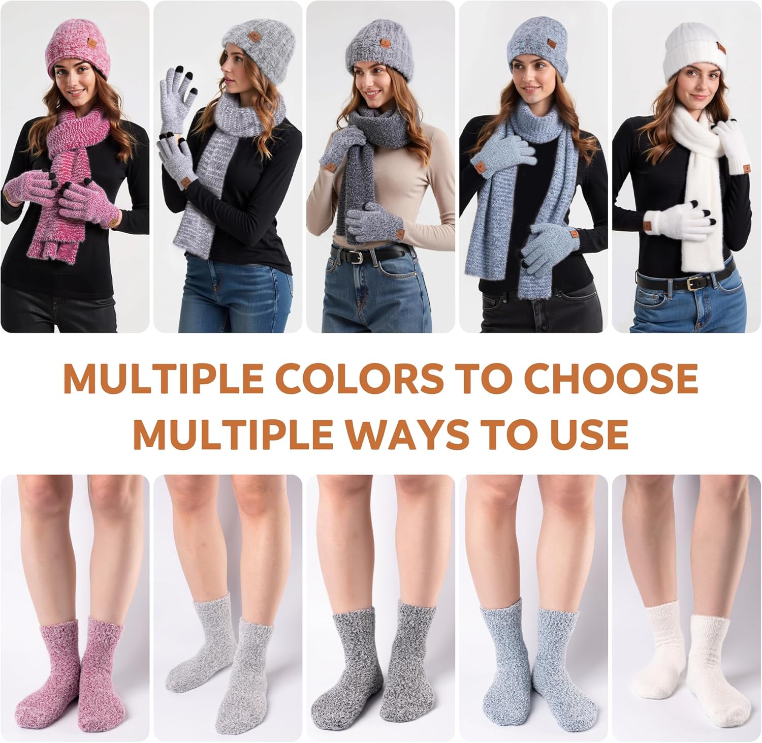 Womens Winter Warm Knit Beanie Hat Gloves Sock Long Neck Scarf Set with Fleece Lined Skull Caps Gifts for Women - Image 4