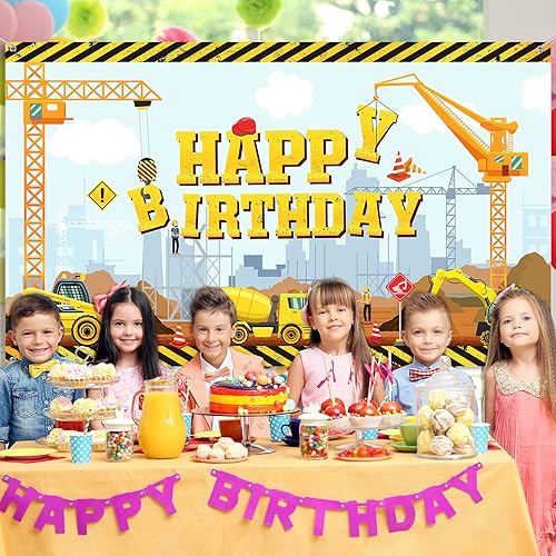 Miniatura 6 de Irenare Fondo de construcción feliz cumpleaños camión volquete fondo excavadora grúa fiesta de cumpleaños banner excavadora excavadora camión fondo
