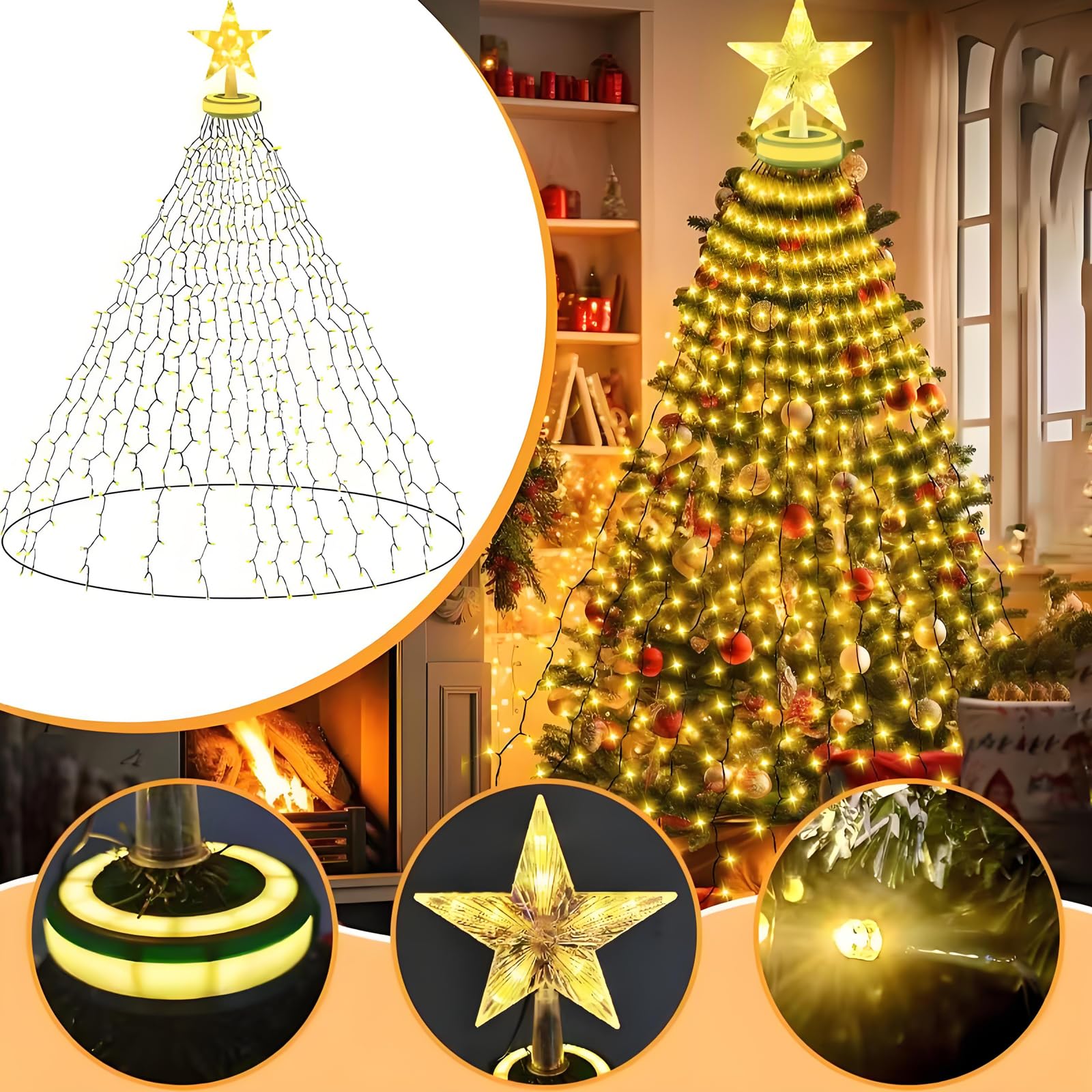 Luci per albero di Natale 12 fili 2,5 m 300 LED con anello, luci per albero di Natale impermeabili IP65 8 modalità per esterni e interni, bianco caldo