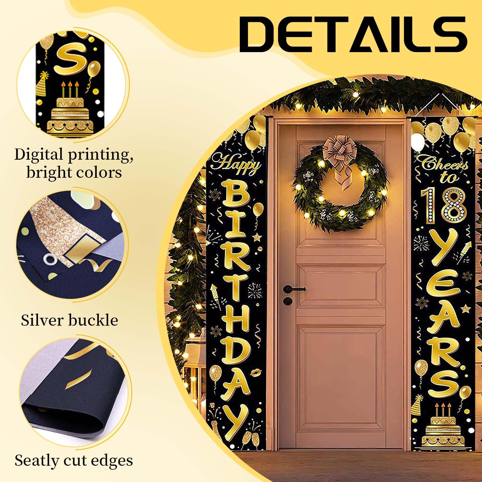 Striscione Compleanno Nero E Oro 180x30 Cm – Sfondo Fotografico Con Palloncini E Fuochi D'Artificio, Per Feste Di Ragazze E Ragazzi