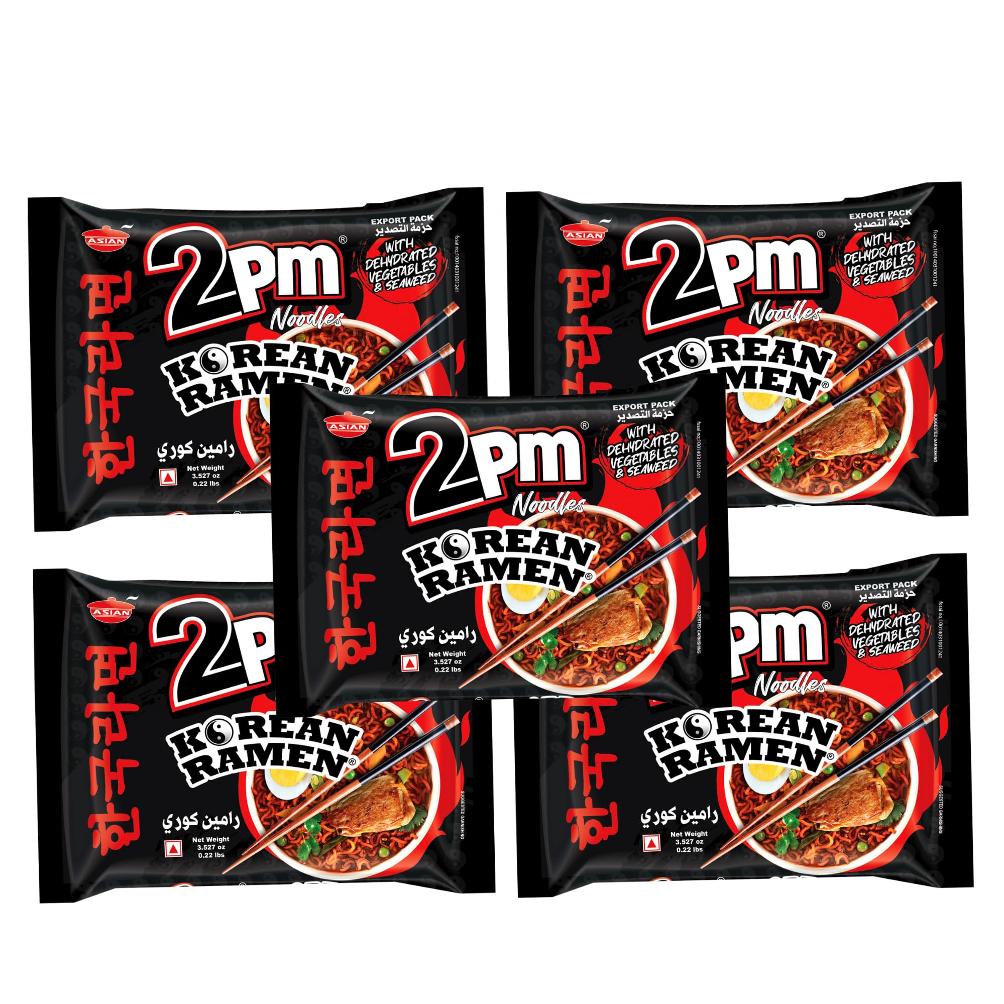 2PM - Korean Ramen Noodles - Including Dehydrated Vegetables & Seaweed - Instant 2X Spicy Ramen - Pack of 5-100 Gm Each