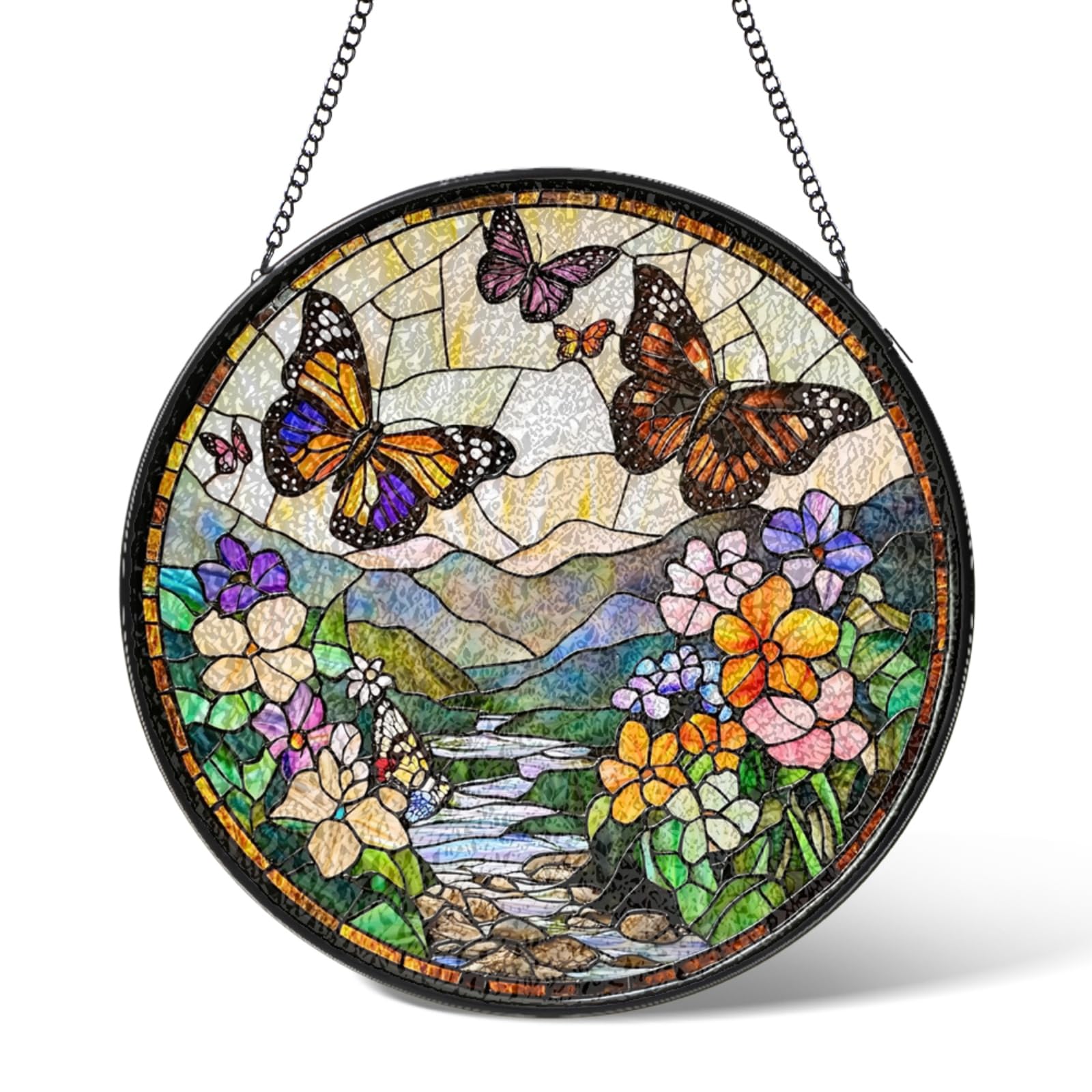 S2tMhb Butterfly Stained Glass Window Hanging Art,Butterflies Valley Scenery Suncatcher Garden Decor Birthday Gifts,Sun Catchers Home Decoration for Patio Kitchen Windows,Christmas 30 cm