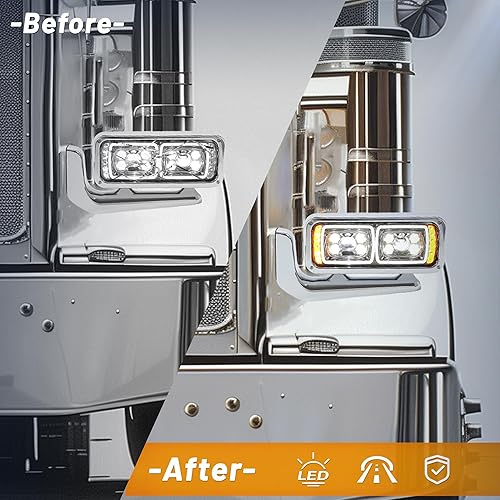 Miniatura 3 de KUAFU Faros delanteros LED DRL con brazos de montaje compatibles con Peterbilt 357 359 365 367 378 379 389 567 con arnés y bombillas carcasa cromada