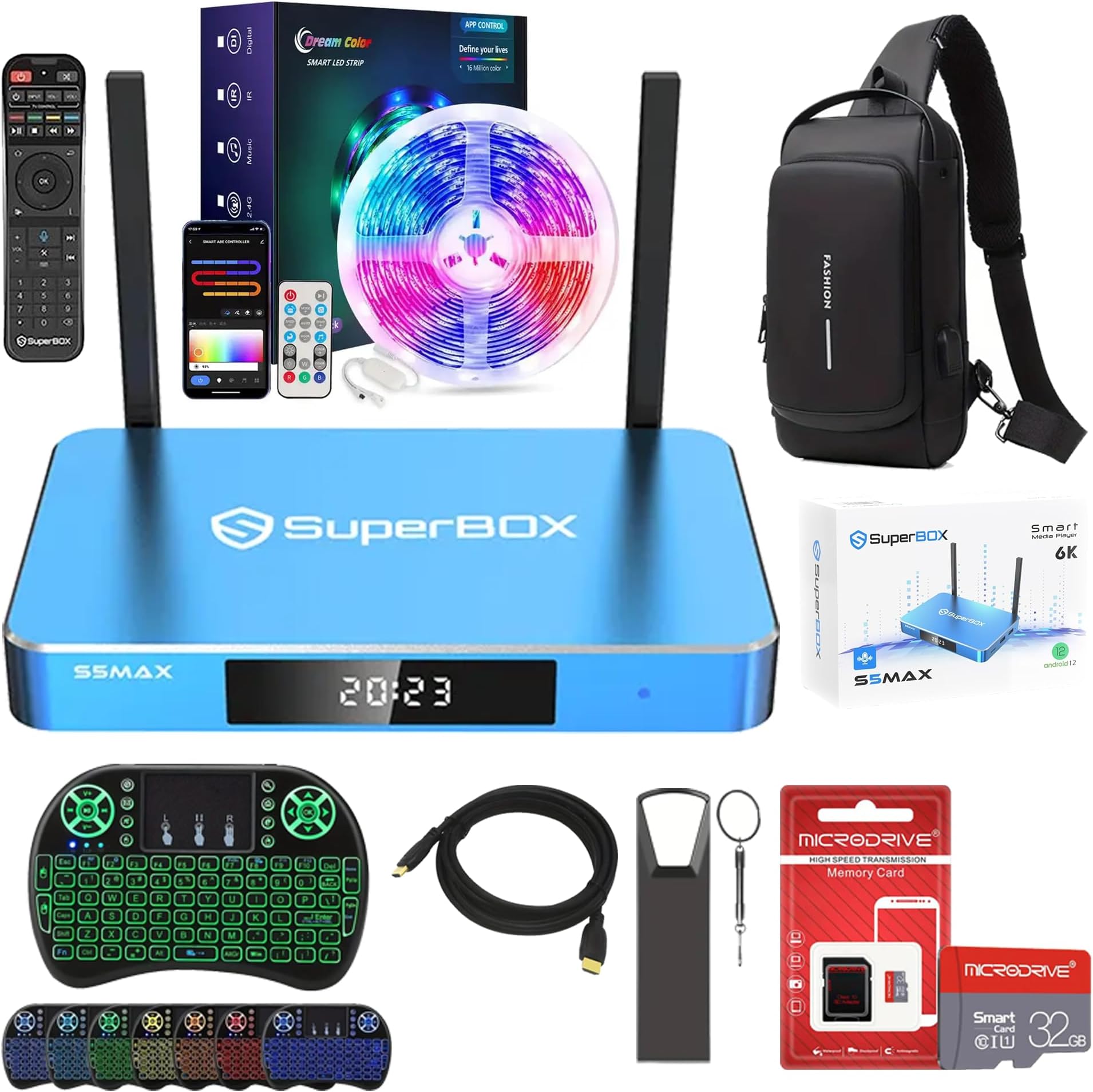 2024 Newest Super Bundle Box S5 PRO Android TV, S5 Pro, Travel Case, Keyboard Remote, RGB TV Strip, HDMI Cables, 64gb USB Storage Drive, 32GB SD Card (Includes Support & Setup)