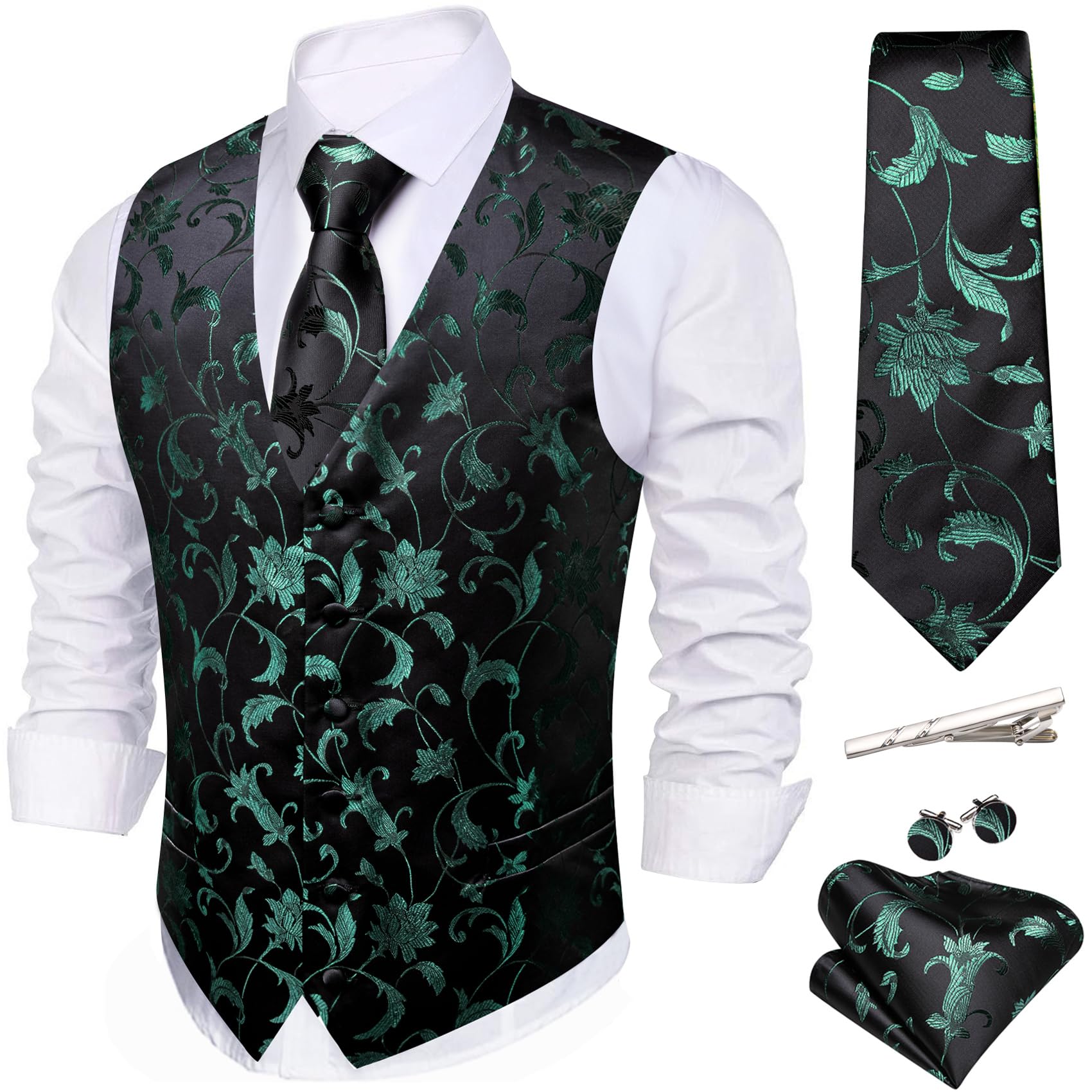 Barry.Wang Mens Suit Vest Floral Silk Waistcoat Ties Formal/Leisure 5PCS