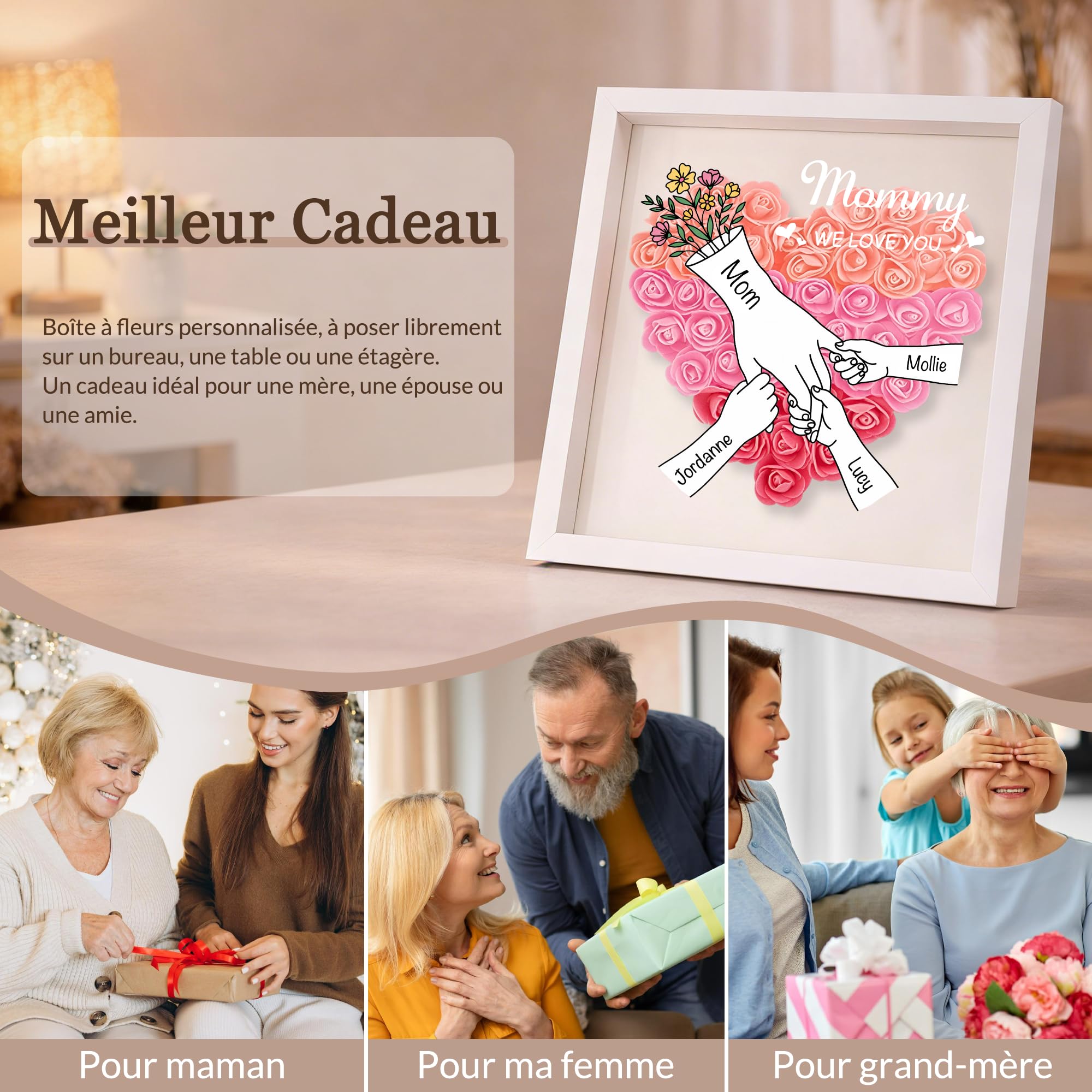 BEXOA Cadeau Fête des Mères Personnalisé, Boîte à Fleurs Cœur avec 2-6 Prénoms, Cadeau pour Maman et Grand-Mère (Style 1)