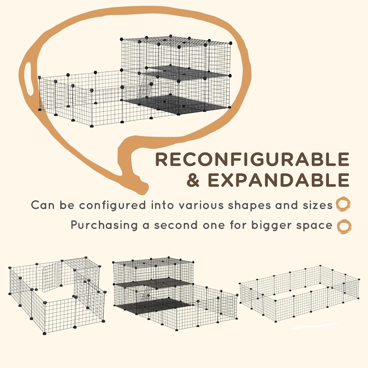 Graphic illustrating various reconfigurable and expandable shapes for the pet playpen, including multi-level and extended layouts.