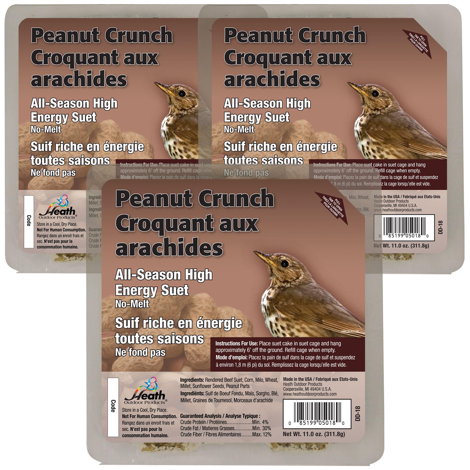 Heath Outdoor Products Peanut Crunch Suet Cakes Sample Pack, Contains 3 Suet Cakes, Try It, Your Birds Will Love it, for Woodpeckers, Cardinals, Siskins, Sparrows, Finchs & Many More Wild Bird Species