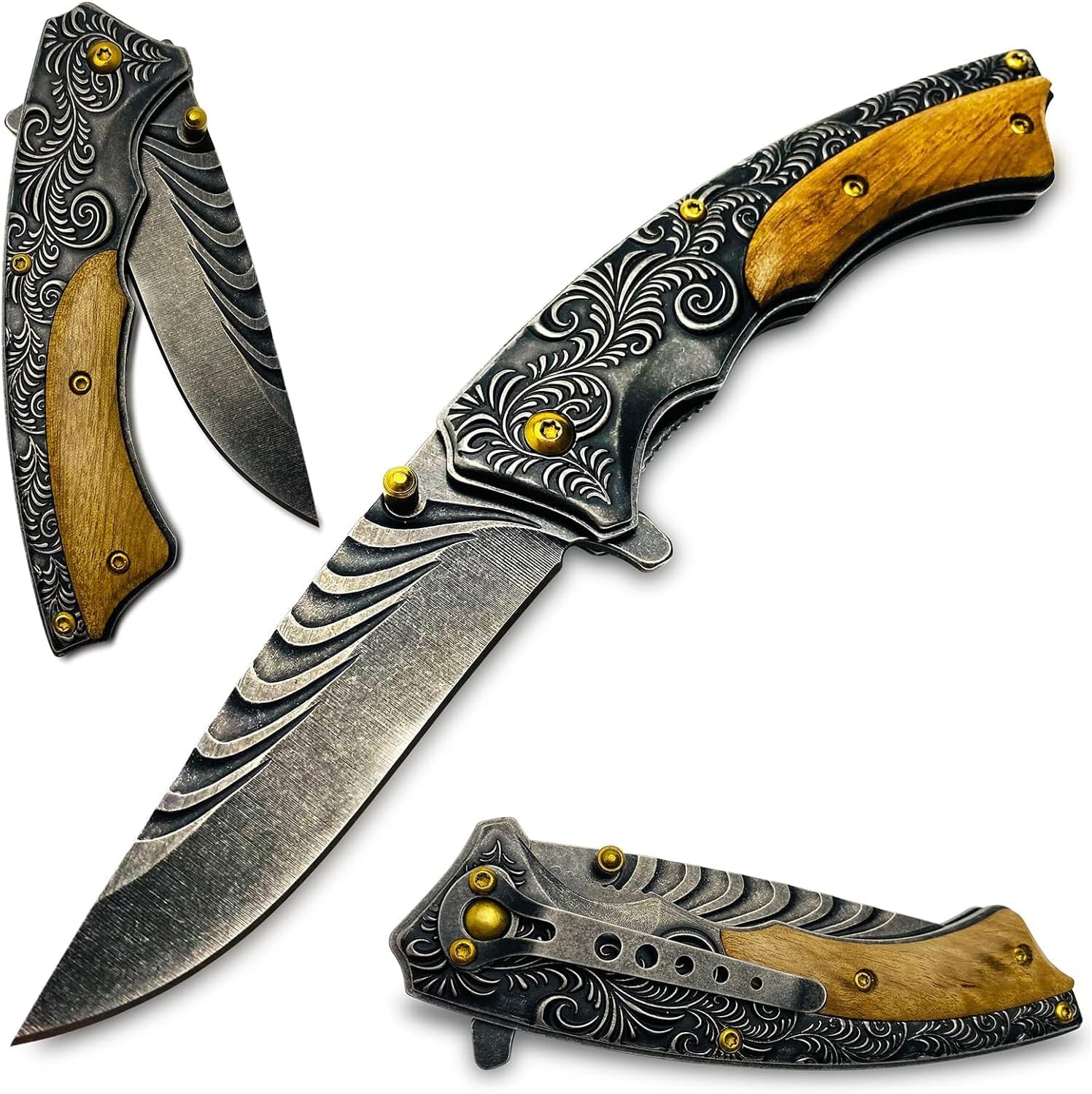 Hunting Survival Folding Knife with Clip and Wooden Handle, 7.8 Inch Outdoor Camping EDC Tactical Pocket Knives for Men