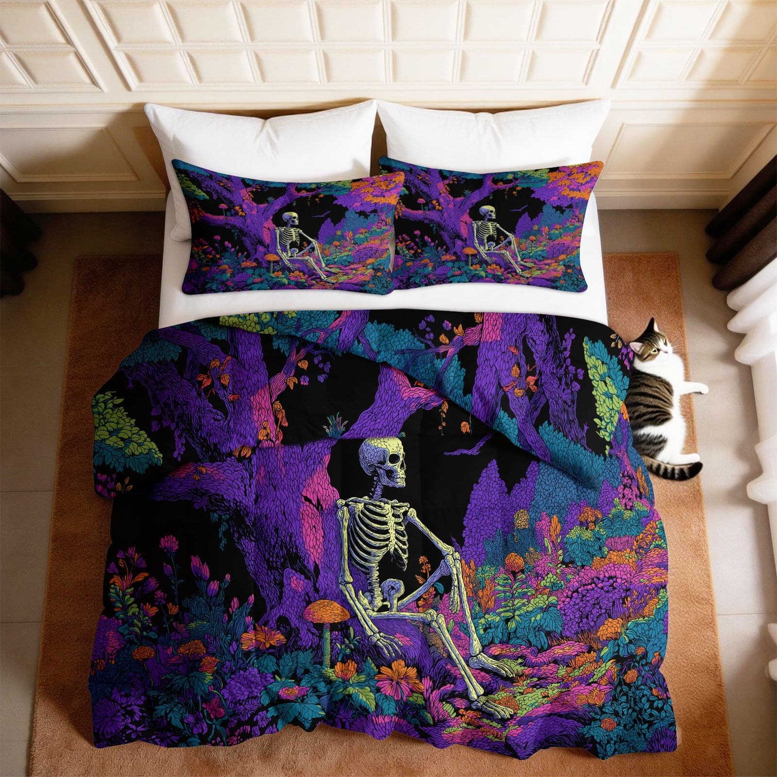 Générique Nero 220 x 240 cm Trapunta 4 stagioni floreale gotico cranio tronco albero fiori trapunta estate per letto matrimoniale 2 persone, rami grigio Edredon Legere, reversibile lavabile piumino