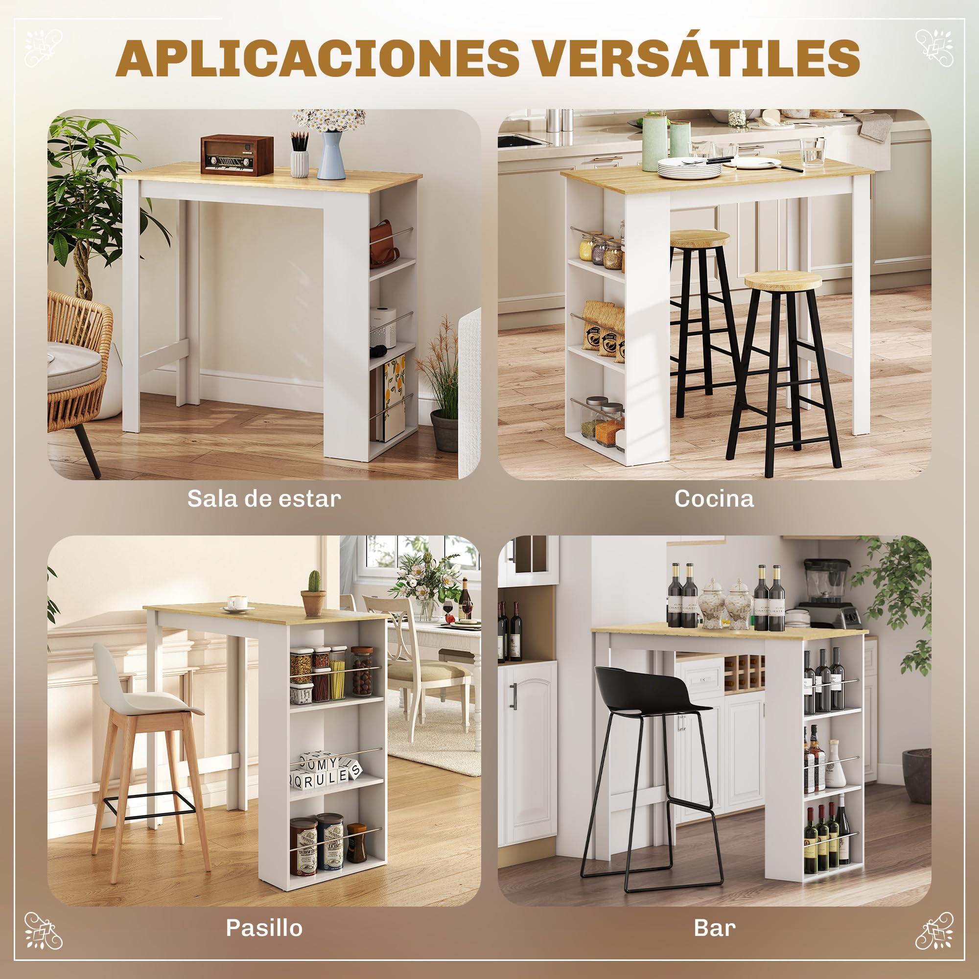 HOMCOM Mesa Alta de Bar, Mesa de Cocina con 3 Estantes Laterales, Estilo Moderno, para Comedor, Salón, 112x57x106 cm, Blanco