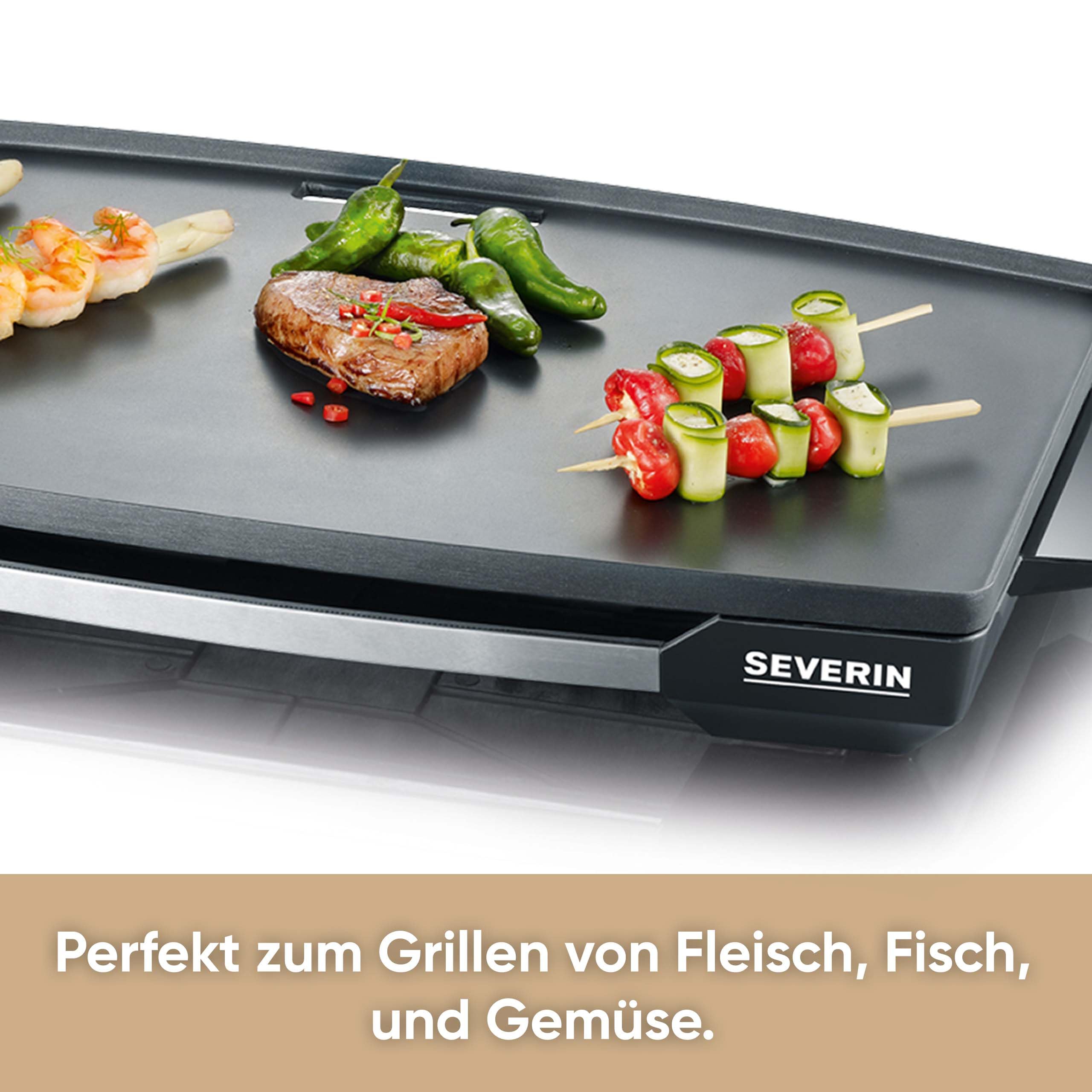 SEVERIN Tischgrill für Fleisch, Fisch und Gemüse, XXL Teppan Yaki Platte mit Antihaftbeschichtung, Elektrogrill mit Fettauffangschale und Temperaturregler, schwarz, KG 2397