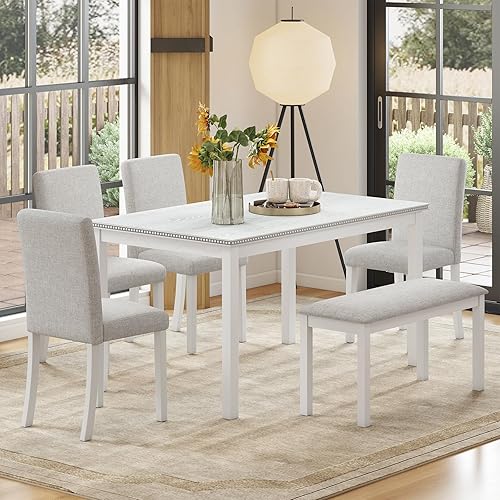 Miniatura 16 de Juego de mesa de comedor de madera maciza de 6 piezas, incluye 1 mesa de comedor, 4 sillas tapizadas y 1 banco, juego de mesa de comedor con patas