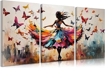 3pcs Ballet Girls Canvas Wall Art Elegant Ballet Dancer Wall Decor Pictures Abstract Butterfly Posters Prints Paintings for Girls Bedroom Dance Room Living Home Room Decoration Ready To Hang