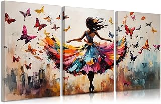 3pcs Ballet Girls Canvas Wall Art Elegant Ballet Dancer Wall Decor Pictures Abstract Butterfly Posters Prints Paintings for Girls Bedroom Dance Room Living Home Room Decoration Ready To Hang
