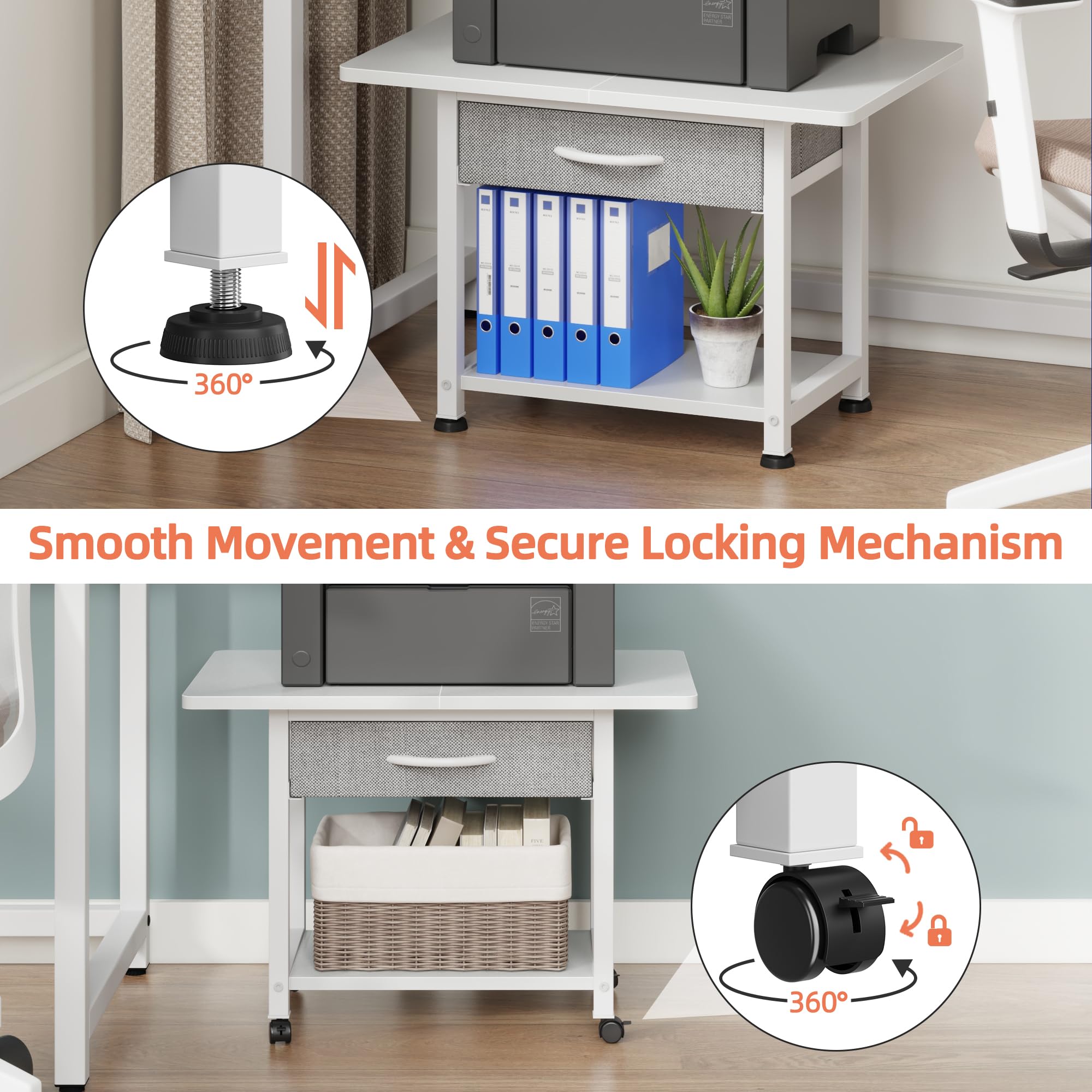 Mesa para Impresora con Ruedas - Mueble Soporte para Impresora 2 Niveles con Cajón, Estantería de Oficina para Fax/Scanner/3D, Blanco