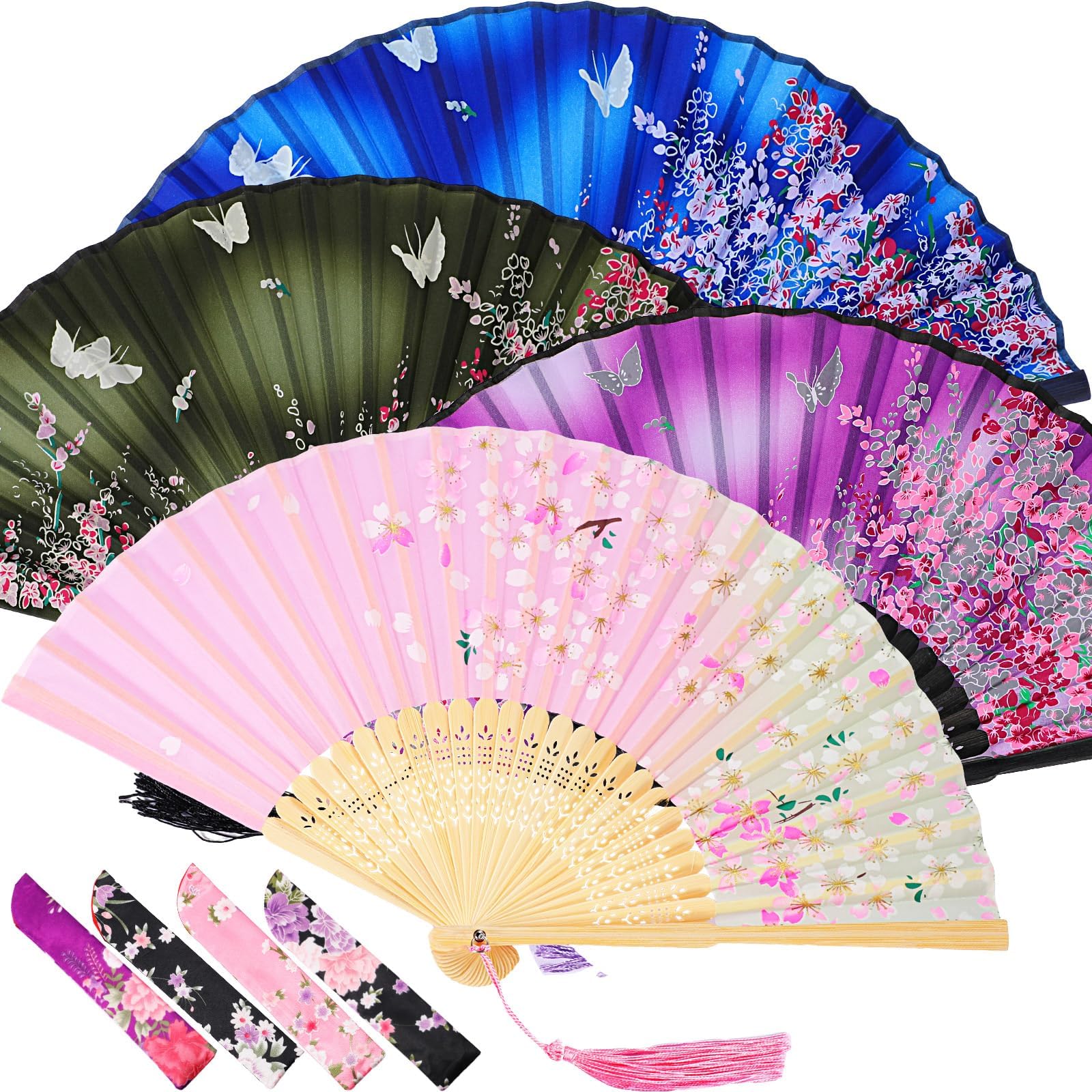 Zonon 4 Pack Handheld Floral Folding Fans Hand Held Silk Bamboo Fans with Tassel Women Hollowed Hand Foldable Fan with Fabric Sleeve for Dancing Wedding Decoration Gifts(Lively)