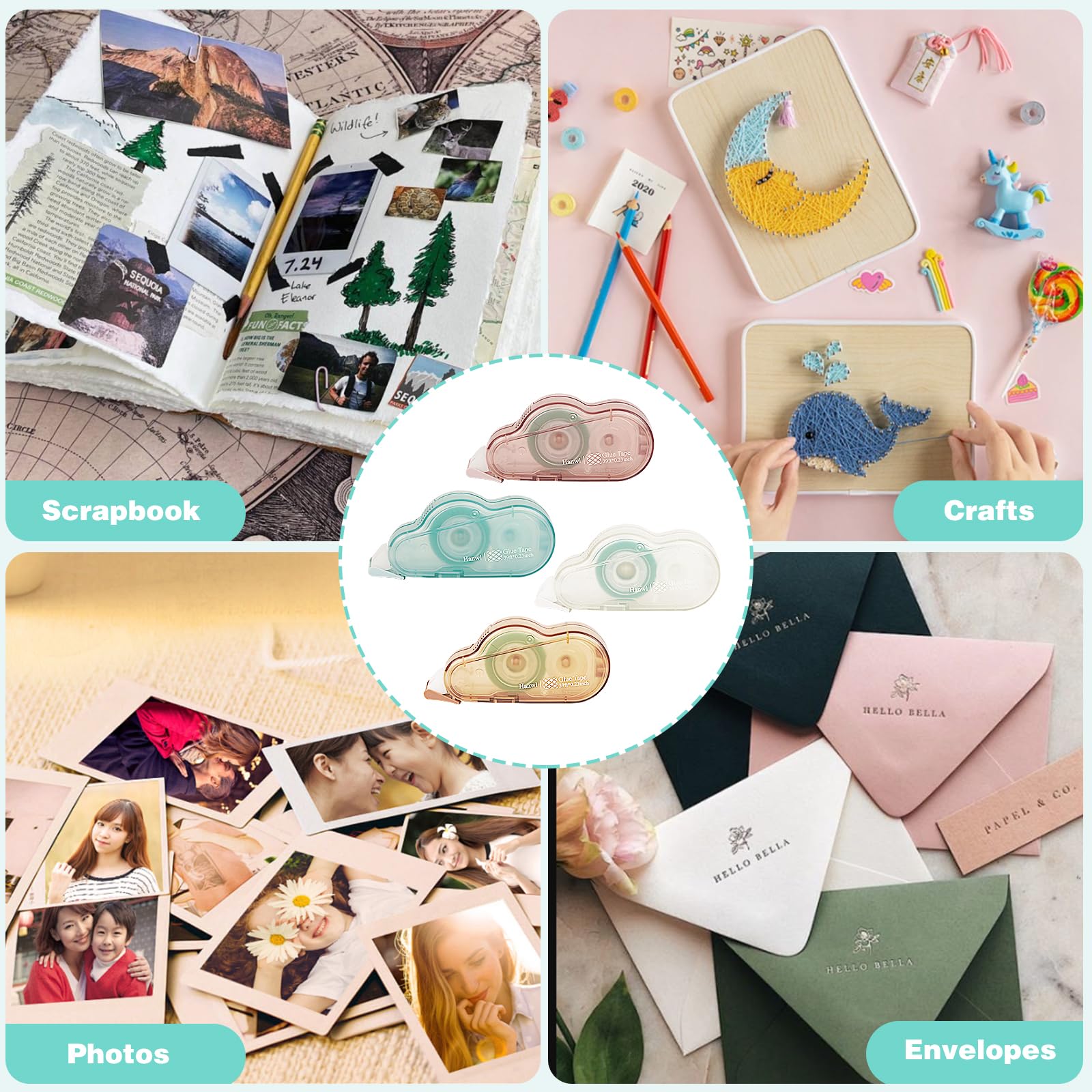 Scrapbook Tape,4 Pack Double Sided Glue Tape Roller for Crafts,39 FT x 0.23 in Tape Runner,Junk Journaling and Scrapbooking Supplies,Gift Wrapping and Photo Tape.