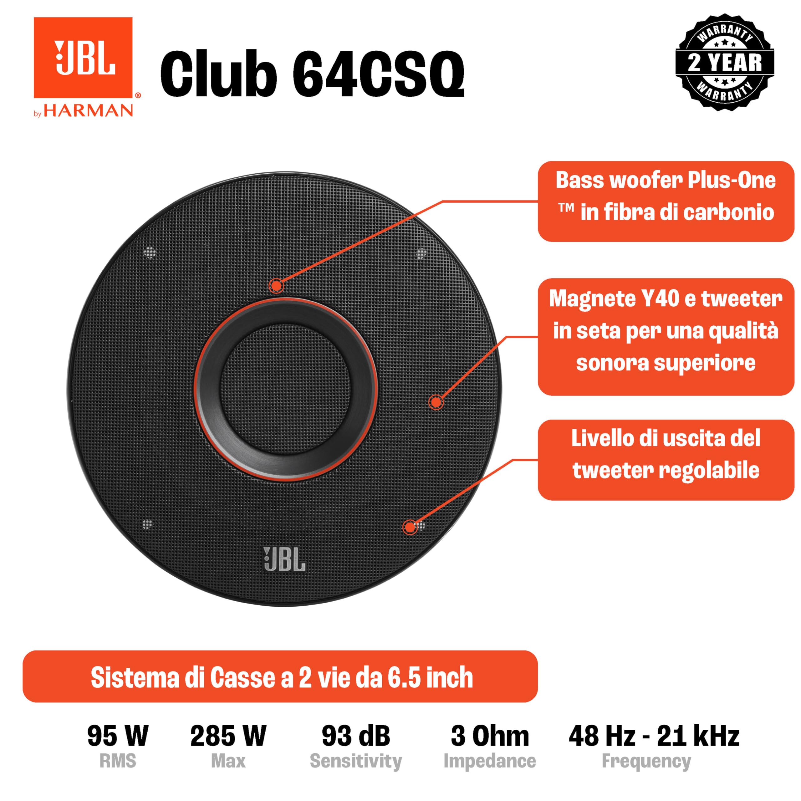Cassa JBL Club 64CSQ Gen 3 - Sistema di Casse Auto 16.5 cm di Harman Kardon - qualità Audio di Alto Livello per l'Upgrade Definitivo: 285W Max, woofer di Carbonio e Incredibile Magnete di ferrite Y40