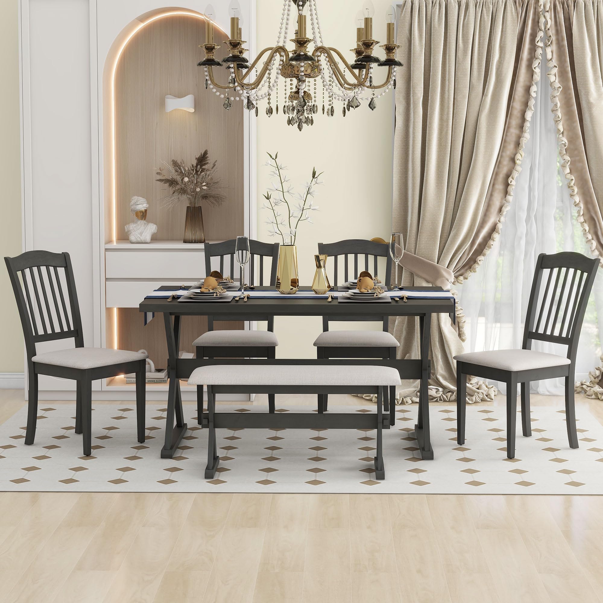 LCH 6-Piece Rustic Kitchen, Rectangular Trestle Table and 4 Upholstered Chairs & Bench Room, Dining Set for 6 Family (Grey)