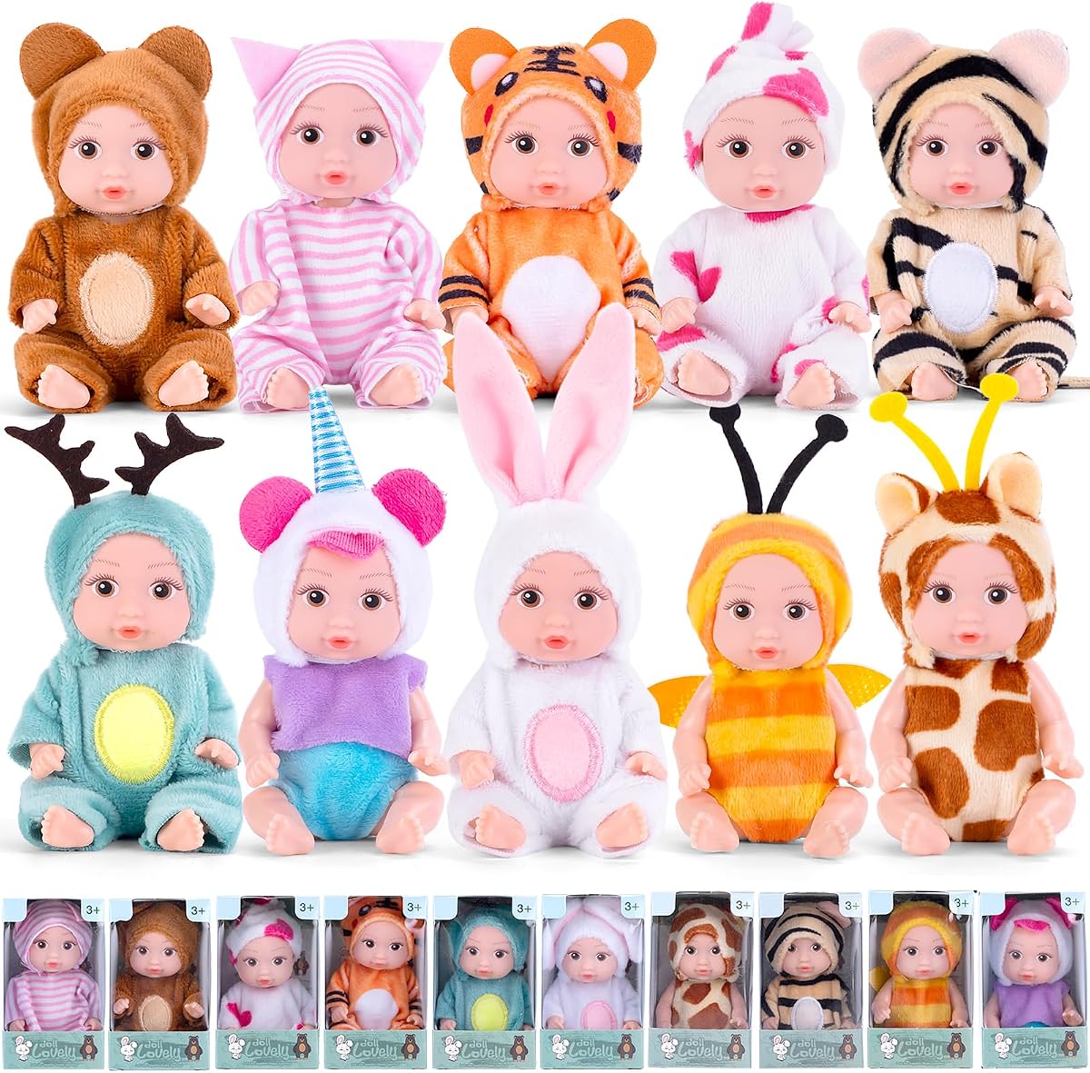 Juego de 10 minimuñecas Reborn de 4 pulgadas con 10 trajes hechos a mano | Juguetes de juego de rol seguros para niños con diseño realista de ojos abiertos para niñas y niños, juegos de regalo de Navidad, cumpleaños y Pascua