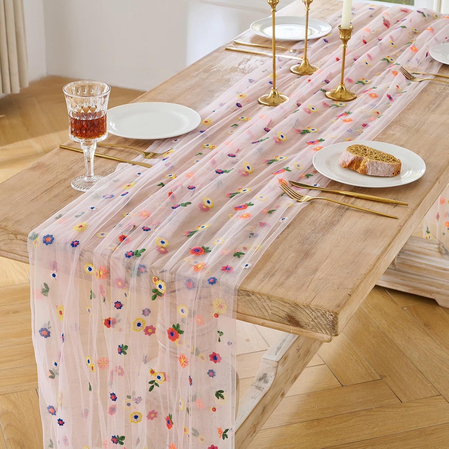 BINBE 3pcs Pink Daisy Spring Table Runner Embroidery Gauze 10FT Florals Seasonal Tulle Holiday Birthday Kitchen Dining Table Decor for Home Party