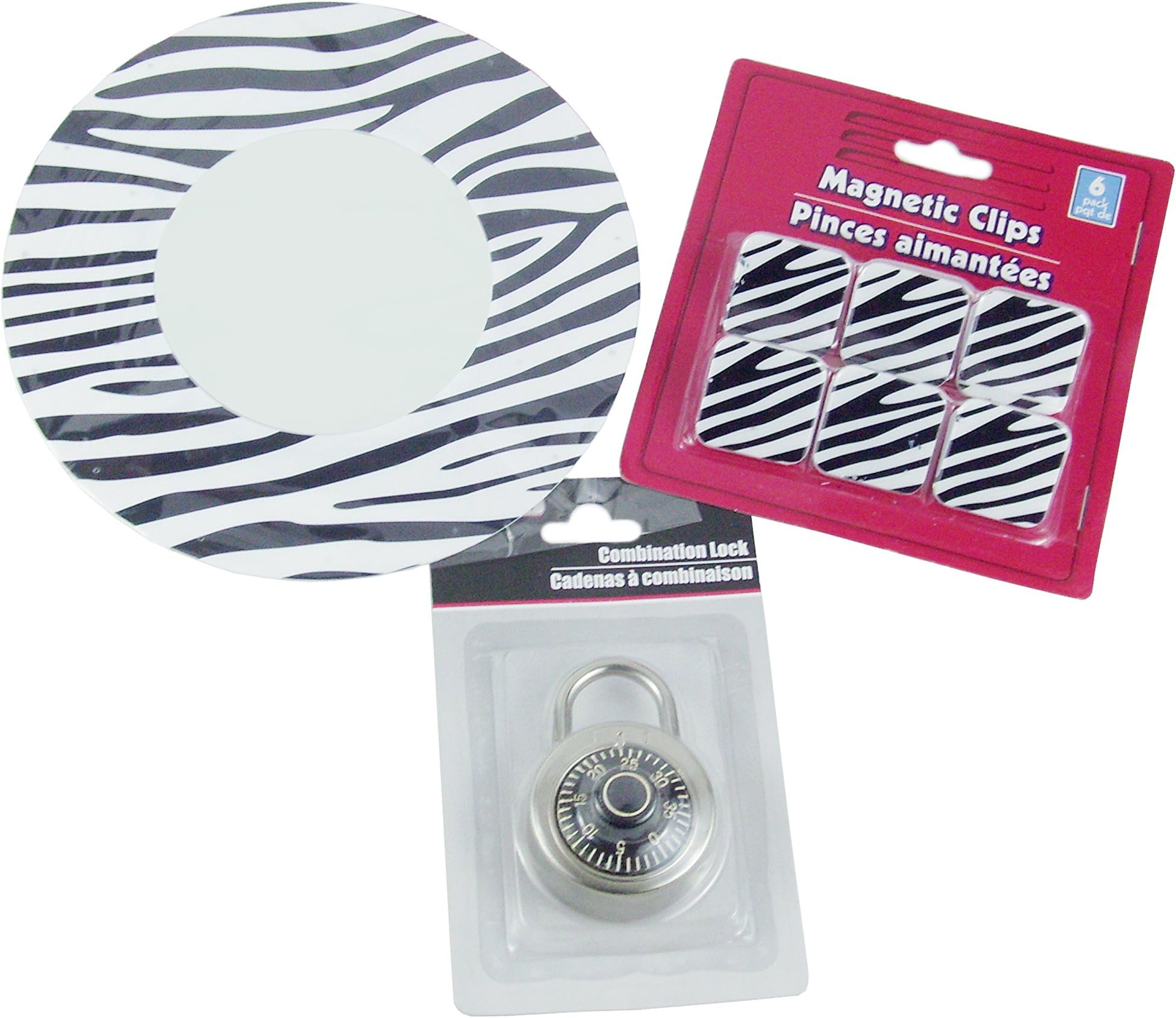 Girls Back to School Locker 3-Piece Set - Magnetic Mirror, Combination Lock, Magnetic Clips (Zebra Strips)