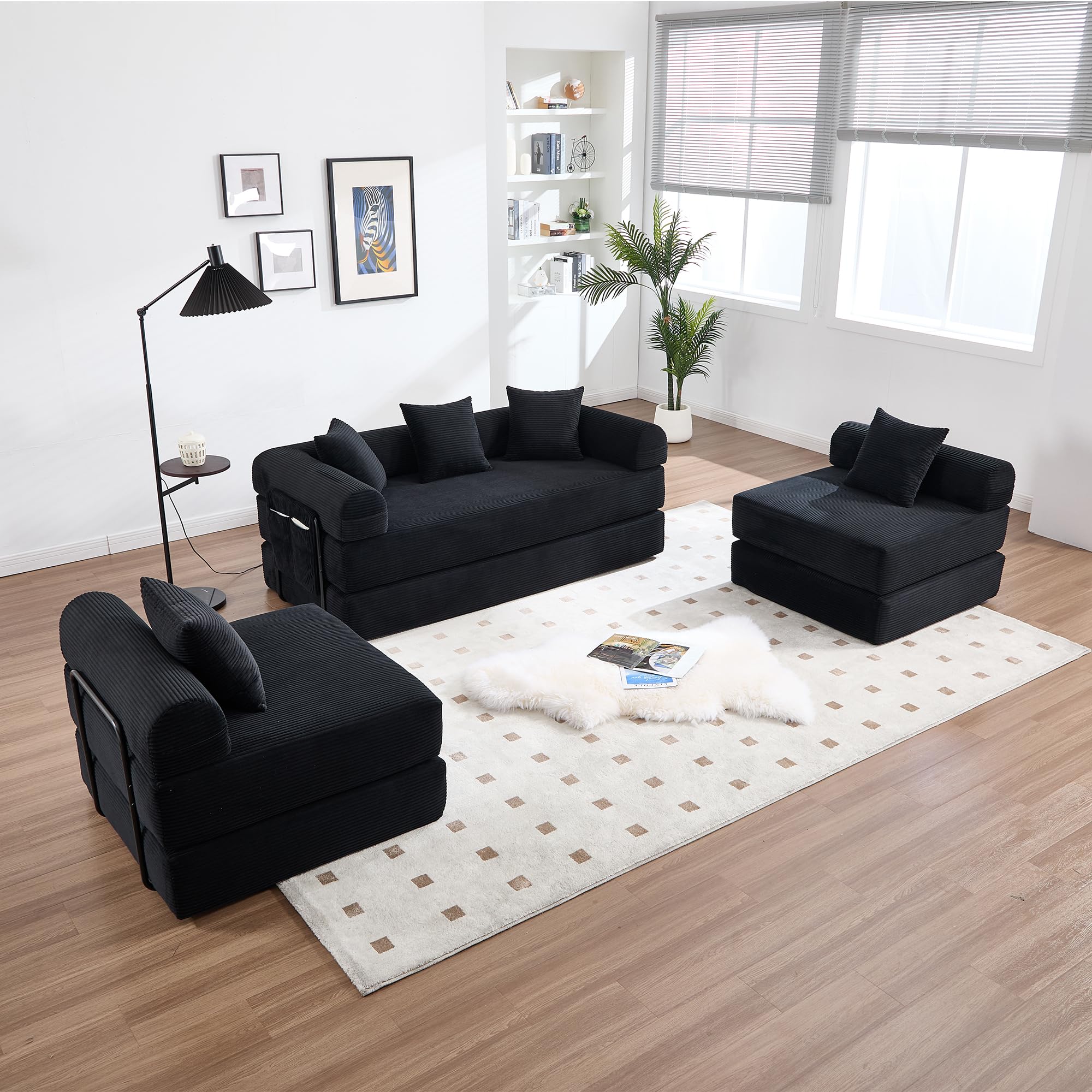 Sapgaks Canapé Convertible 4 Places avec Structure en métal Robuste, Poches latérales et 5 Coussins,canapé modulaire en Velours côtelé,Peut être combiné Librement,canapé lit,Noir
