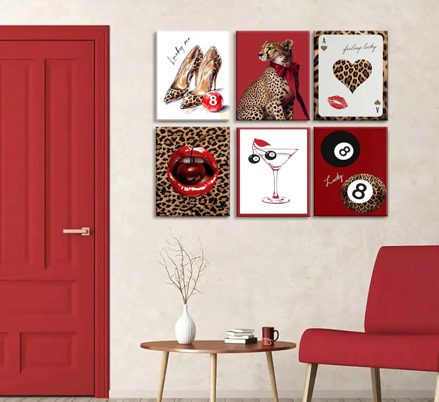 6Pcs Red Trendy Leopard Canvas Wall Art Fashion Cheetah Wall Decor Lucky 8 Ball Posters Prints Vintage Aesthetic Preppy Room Pictures Paintings for Girls Bedroom Apartment Dorm Framed