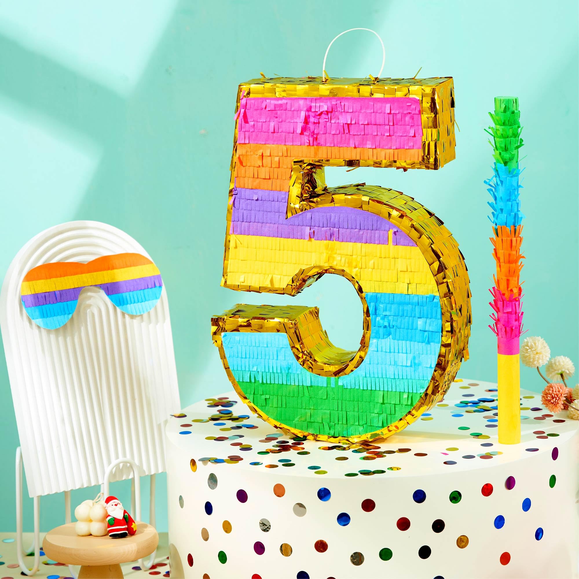 Rainbow Number 5 Pinata for 5th Birthday Party Decorations, Birthday Pinata with Stick Blindfold and Confetti, Kids Anniversary Celebration, Fiesta (Small, 16.5 x 11.5 x 3 In)
