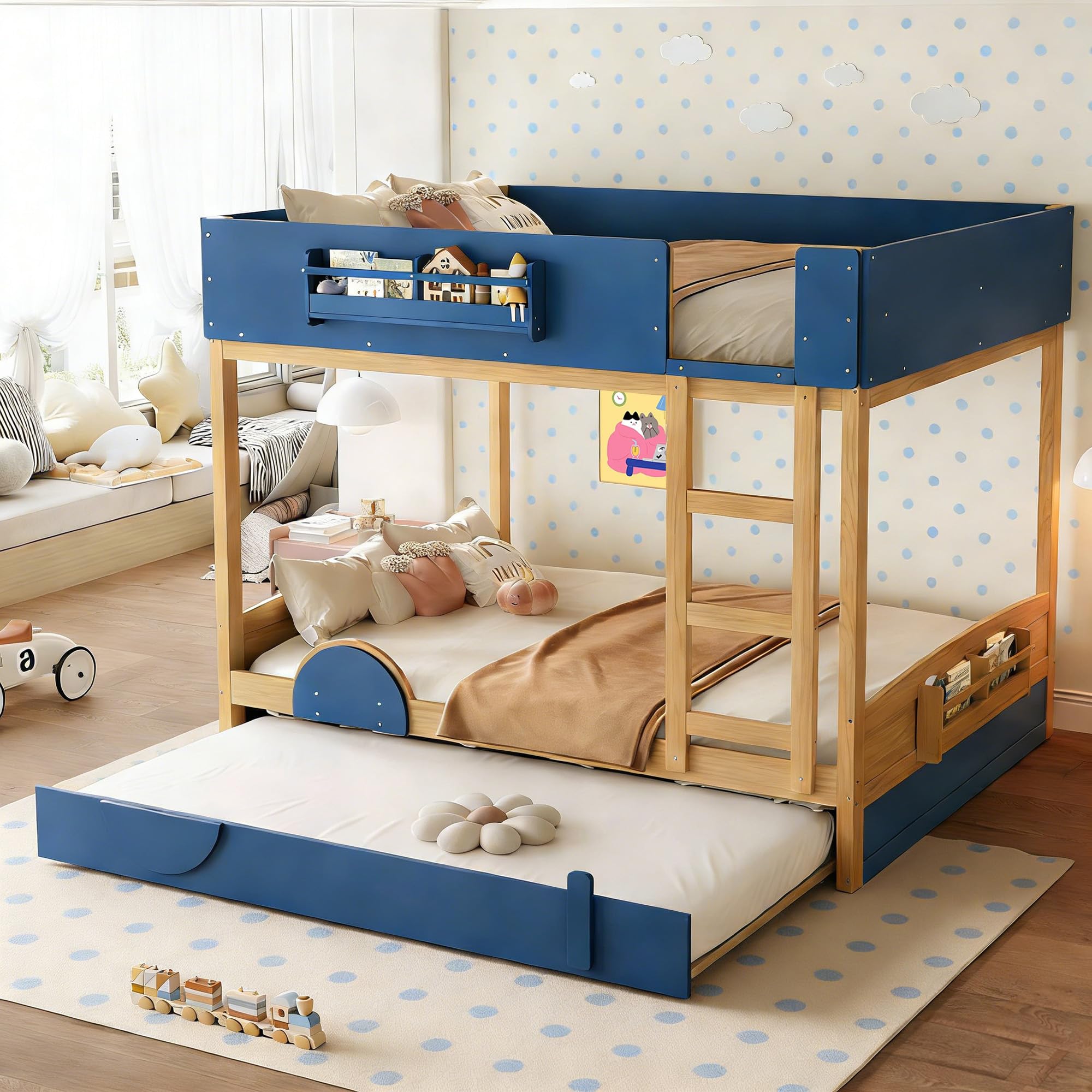 View 1 of ***FINAL SALE NO RETURNS *** Bellemave Queen Over Queen Bunk Bed with Trundle & 2 Bookshelves, Wooden Floor Bunk Beds Frame with Safety Guardrails & Ladder for Kids Teens, Blue+Natural